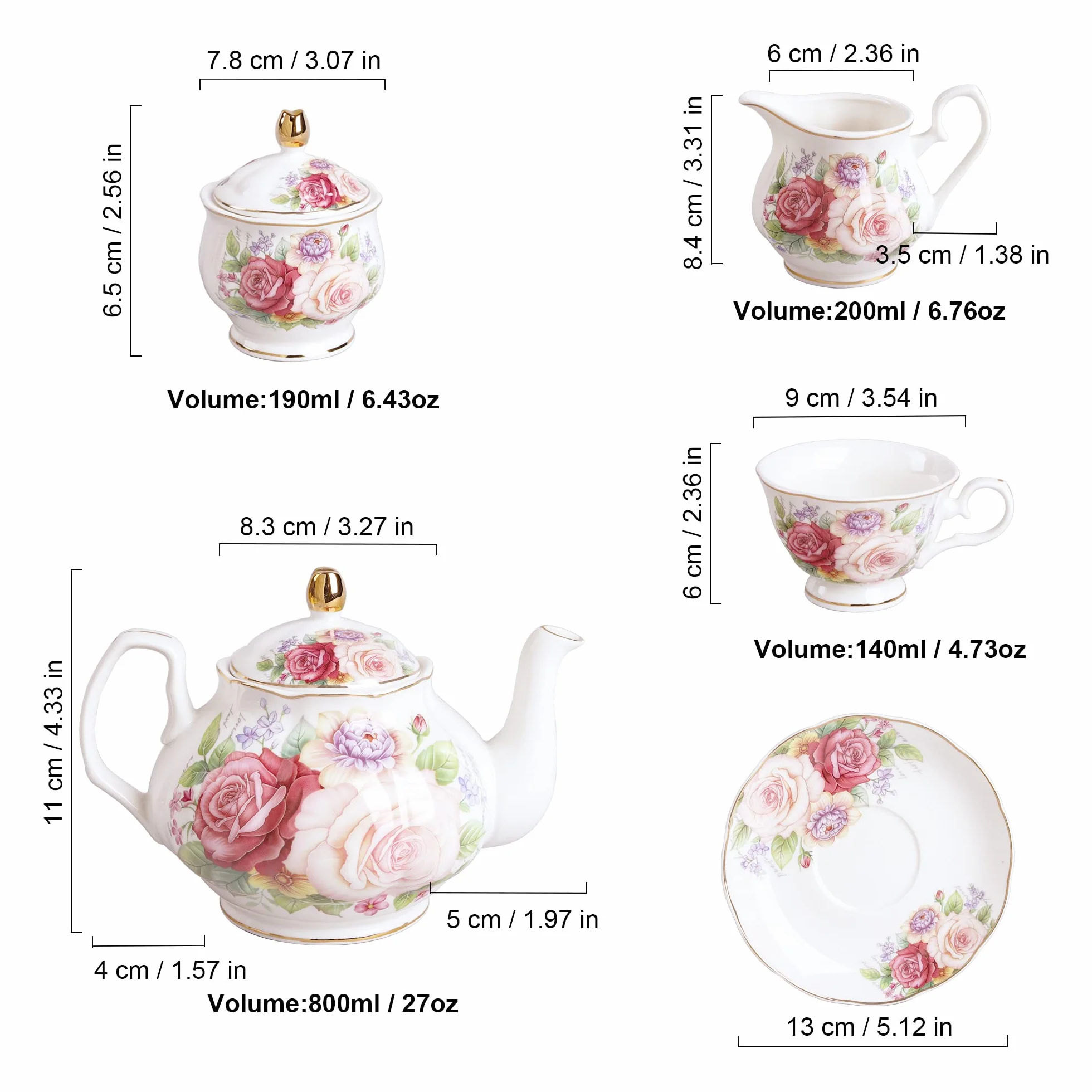 fanquare Europejski porcelanowy zestaw do kawy, różowy zestaw do herbaty dla kobiet, zestaw do herbaty z porcelany kostnej, vintage kwiatowy dzbanek do kawy i herbaty z kubkami