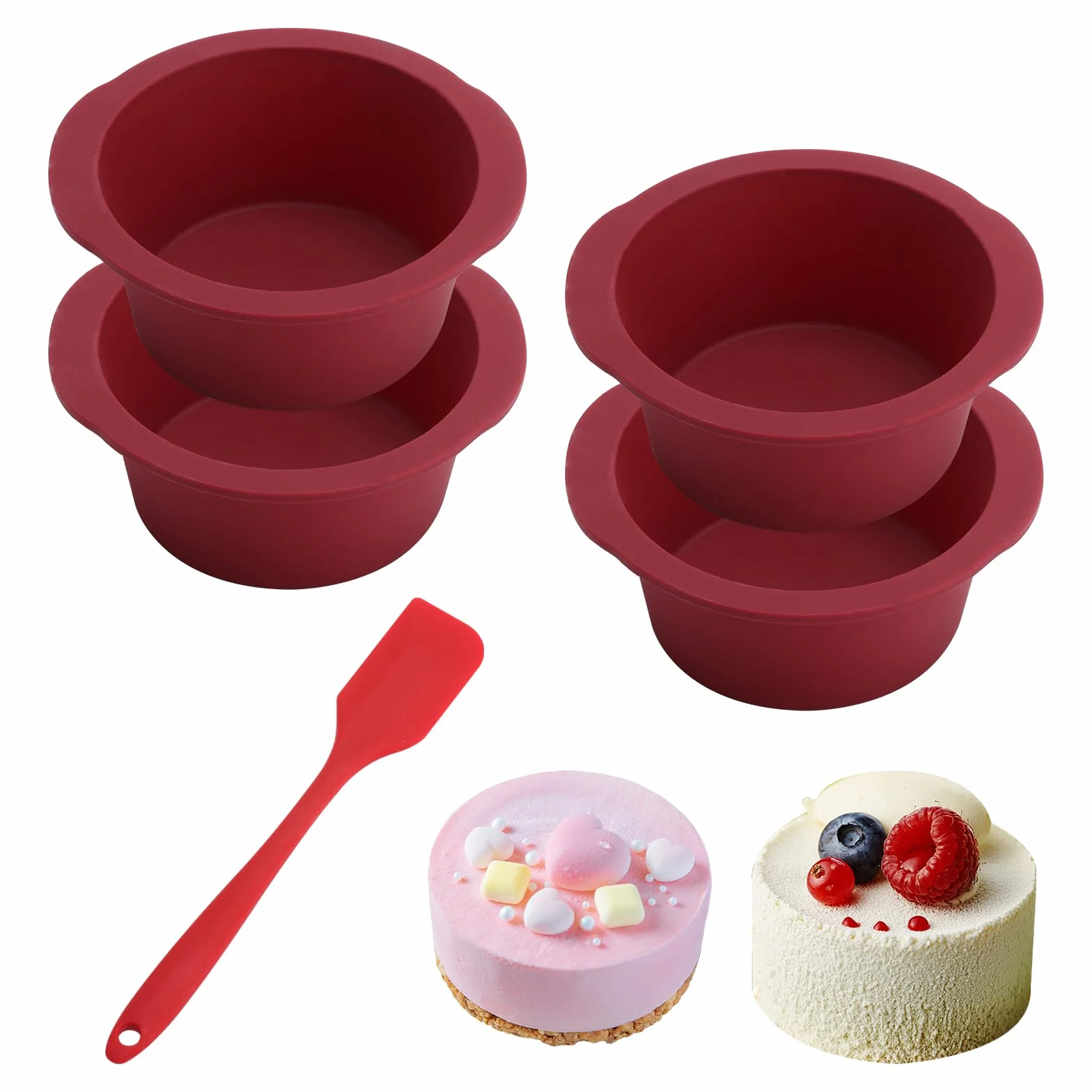 Silikonowa forma do pieczenia, okrągła, zestaw 4 sztuk, skrobaczka do ciasta, nie zawiera BPA, Ø 12,6 cm, do Airfryer i piekarnika, nieprzywierająca, mini forma do muffinek, budyniu, tortów