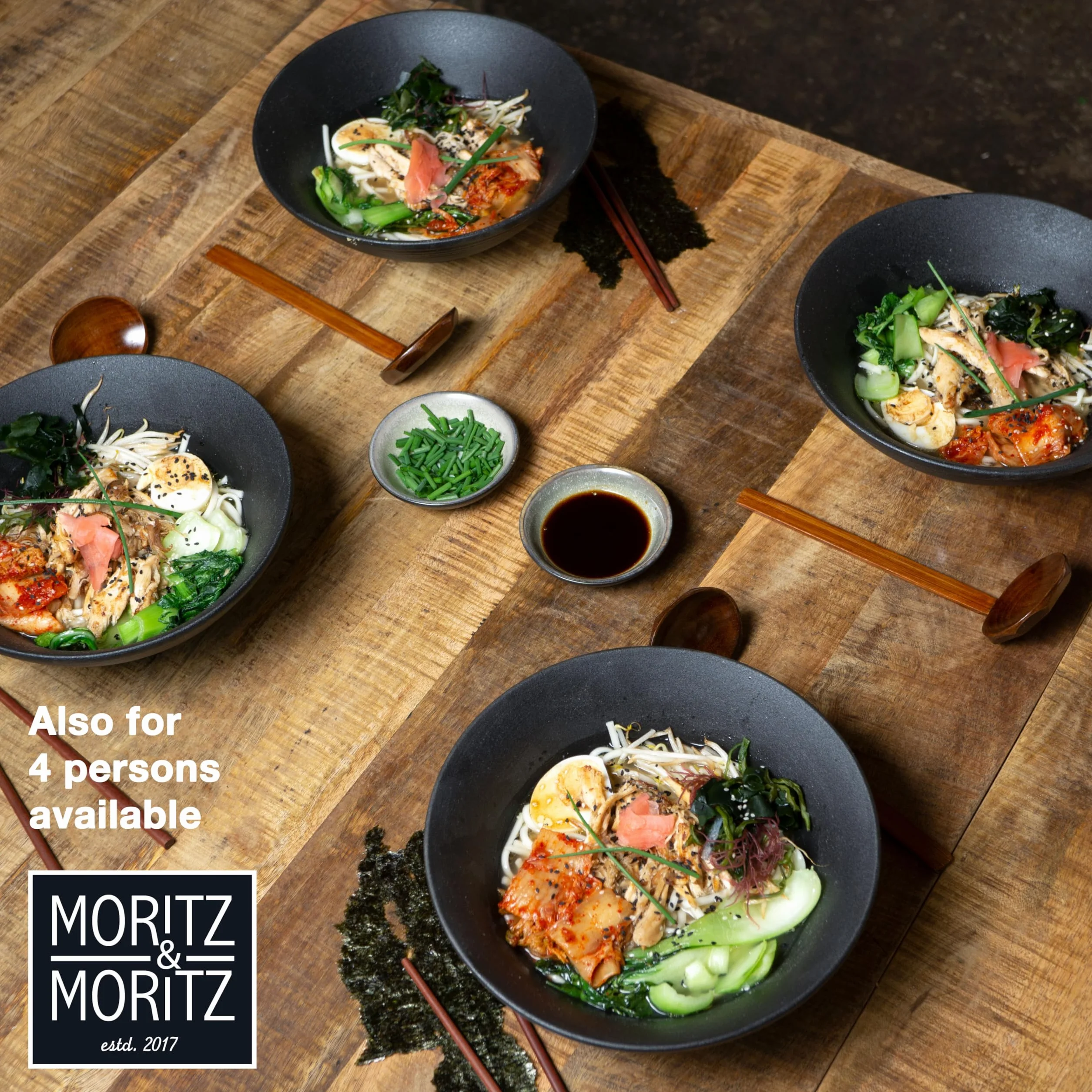 Moritz & Moritz 2 x Ceramiczna Miska Ramen - 800-1300 ml - 24 cm Ø - Czarny Zestaw dla 2 Osób - Do Zupy, Pho i Sushi Bowl - Z Pałeczkami i Łyżeczką