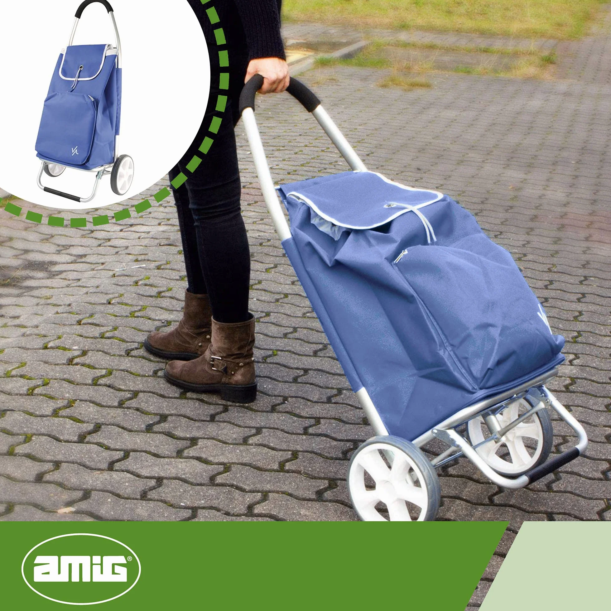 Amig – Wózek na zakupy z 2 kółkami – regulowana torba – lekkie aluminium – maksymalna nośność: 15 kg – 50 l pojemności – wymiary: 95 x 45,5 x 12 cm – kolor: niebieski