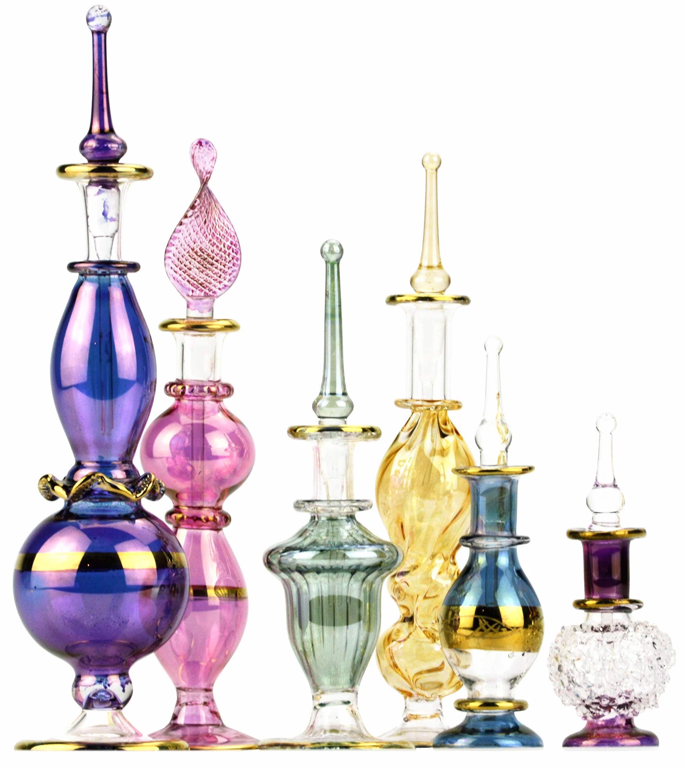 NileCart Egipskie butelki na perfumy, 5-12,5 cm, zestaw 6 dmuchanych ustami, dekoracyjne szkło z ręcznie wykonanymi złotymi egipskimi dekoracjami do perfum i olejków eterycznych