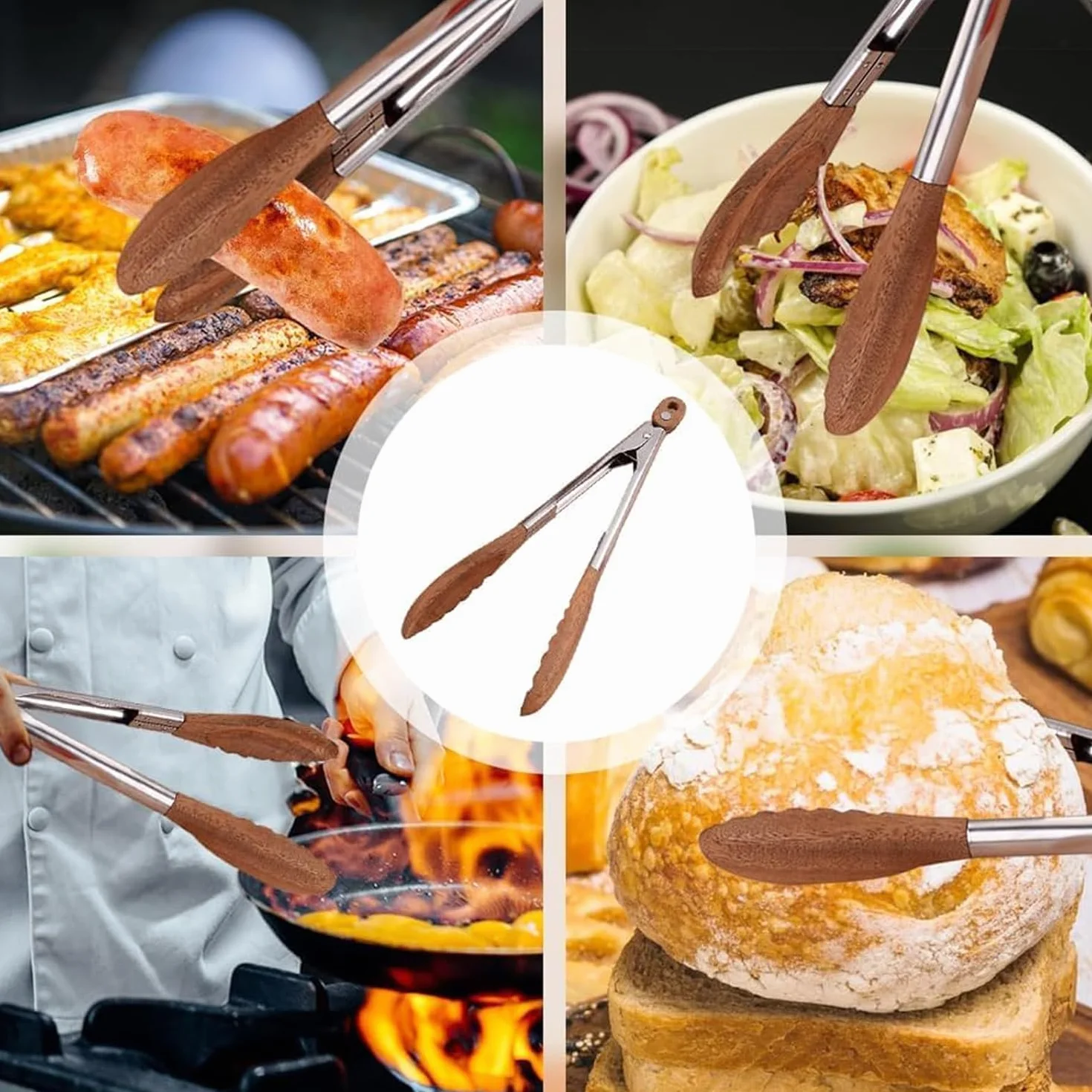 Drewniane szczypce kuchenne, odporne na wysokie temperatury, grill i naczynia do sałatek, klips blokujący, antypoślizgowy uchwyt, 2 sztuki do gotowania, duże/małe szczypce do łatwego serwowania