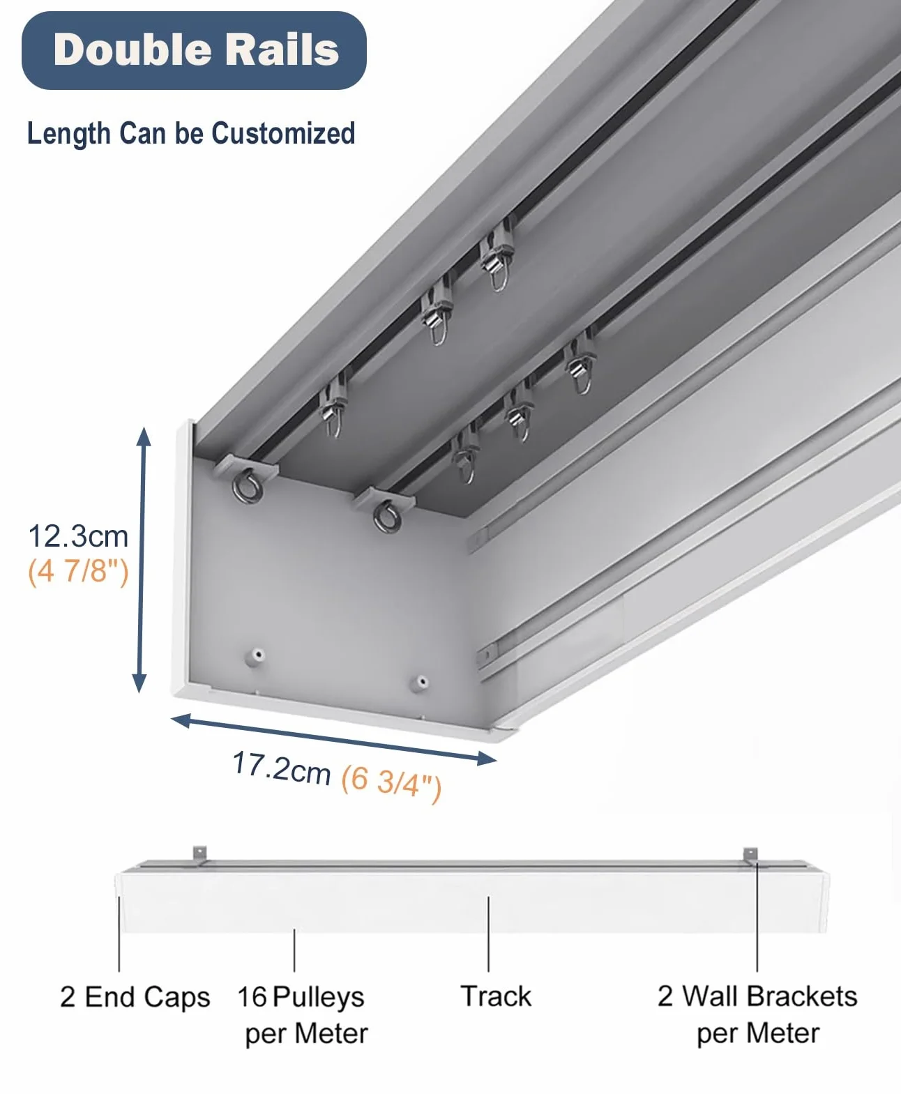 Szara skrzynka na lambrekin okienny trzy w jednym, z podwójną szyną, montowaną na ścianie tablicą gzymsową ze stopu aluminium i falbaną - 240 cm (7,9 stopy) dekoracyjna zasłona rozwiązanie