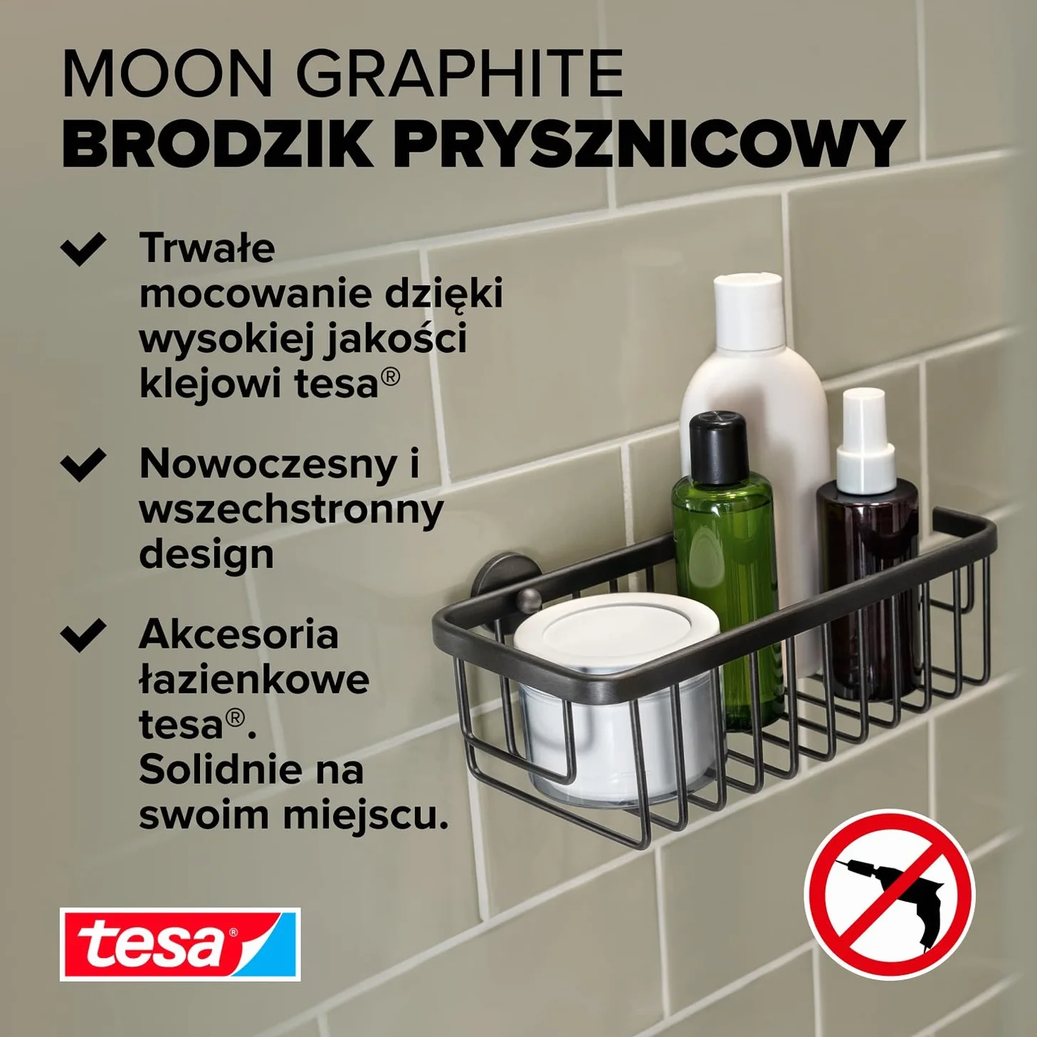 tesa MOON samoprzylepna półka prysznicowa - kolor grafitowy - jednopoziomowa i bardzo głęboka - półka prysznicowa z metalu pokrytego powłoką PVD - bez wiercenia, z klejem - 92 mm x 250 mm x 125 mm