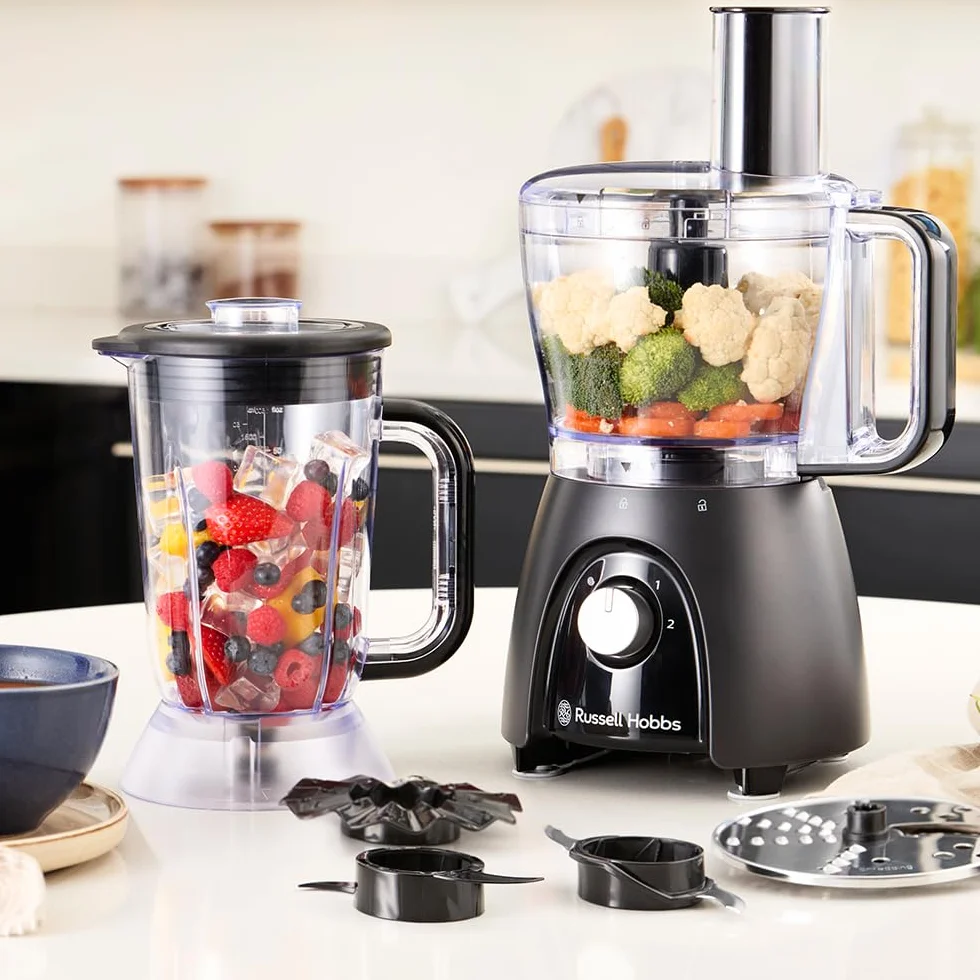 Russell Hobbs Robot kuchenny [Blender/Rozdrabniacz/Młynek/Krajalnica do warzyw] Mikser elektryczny (Do wyrabiania, krojenia, siekania i szatkowania, Moc szczytowa 900W) Matte Charcoal 27111-56