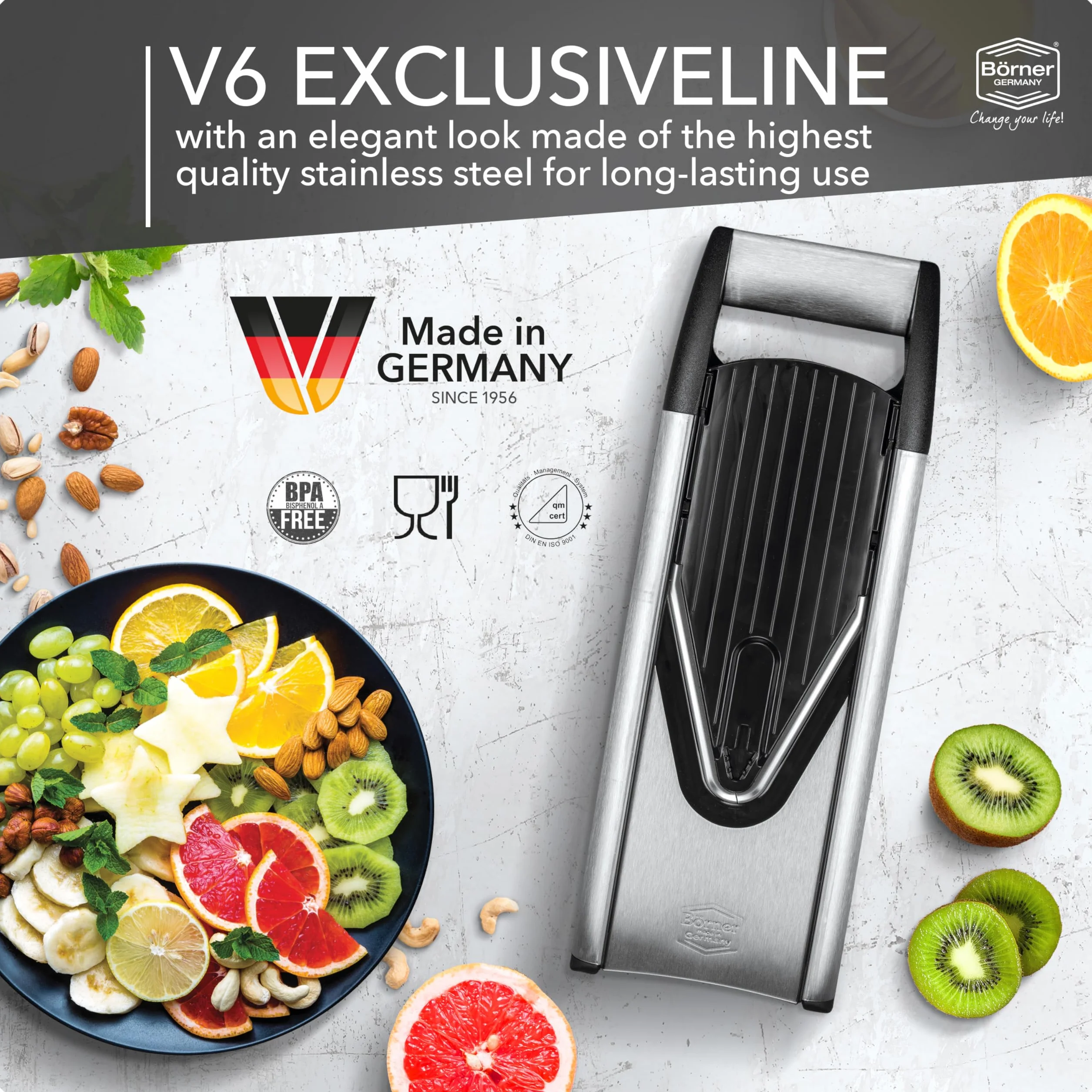 Börner V6 ExclusiveLine szatkownica, mandolina, stal nierdzewna, 100% bez BPA, niemiecka produkcja, zestaw czarny