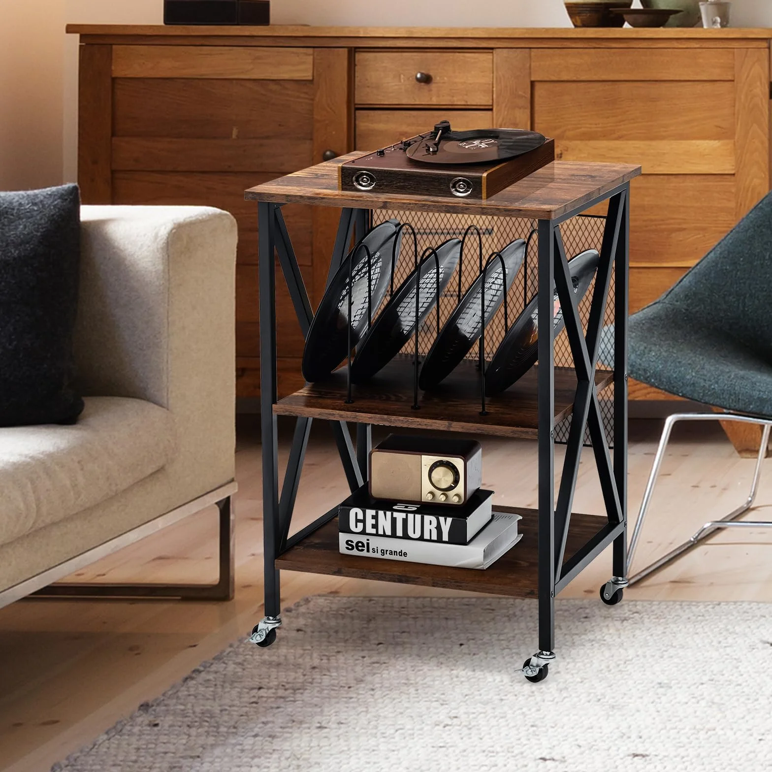 GIANTEX Stolik pomocniczy na kółkach do płyt winylowych, regał na płyty gramofonowe, albumy i książki, styl przemysłowy, regał z 3 wkładanymi półkami, 3 wkładane półki z żelaza w kształcie M, 52 x 45