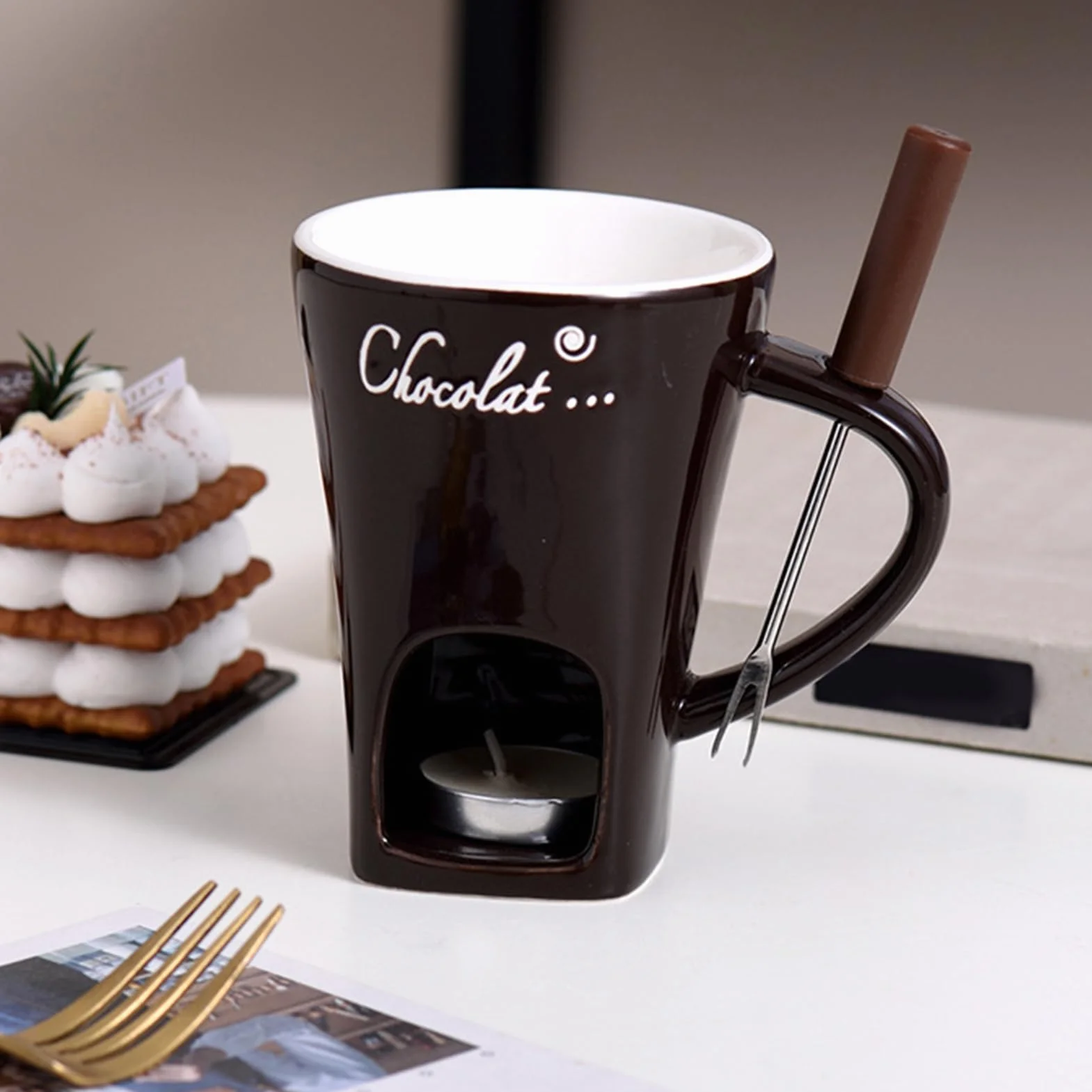 Kubek Do Fondue,Ceramiczny Garnuszek Do Roztapiania Czekolady,Przenośny Zestaw Kubka Hot Pot | Owoców Morza Obiad Deser Sos Ser Cukierek Ser Urodziny Randka Noc Pikniki Impreza Rodzina