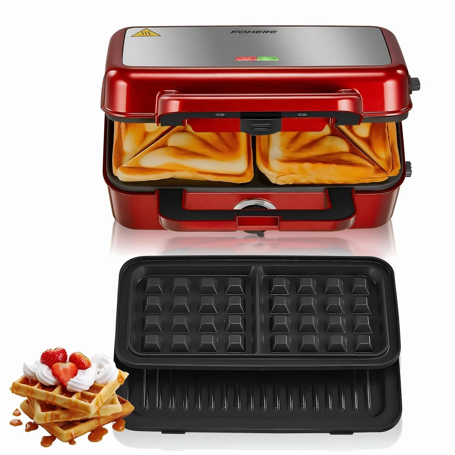 Toster 1200W, opiekacz do kanapek/grill/gofrownica 3 w 1, 5-biegowa regulacja temperatury, powłoka nieprzywierająca, uchwyt zapobiegający oparzeniom, czerwony