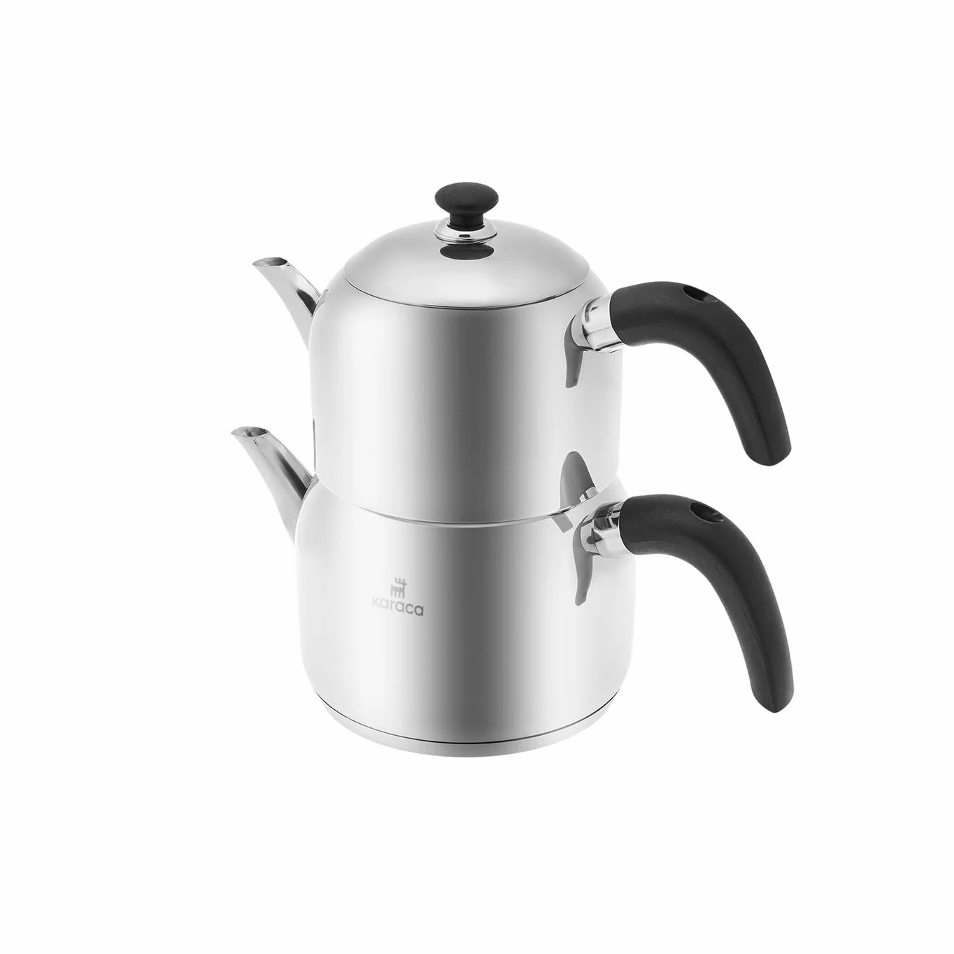 Karaca Edge Mini turecki zestaw czajniczek do herbaty ze stali nierdzewnej z pokrywką, turecki dzbanek do herbaty 0,85 l i zbiornik na wodę 1,25 l, niepalący się bakelit, czarne uchwyty, zaparzacz do