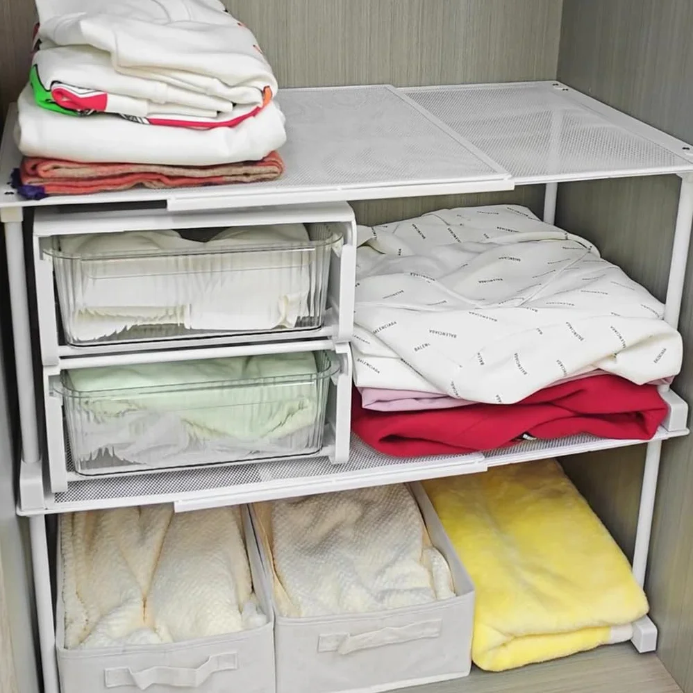Regulowana rozszerzalna półka do szafy – szafa do układania w stos na ubrania, do łazienki, kuchni i spiżarni, biała (52-86) x 24 x 14 cm - zmaksymalizuj przestrzeń!