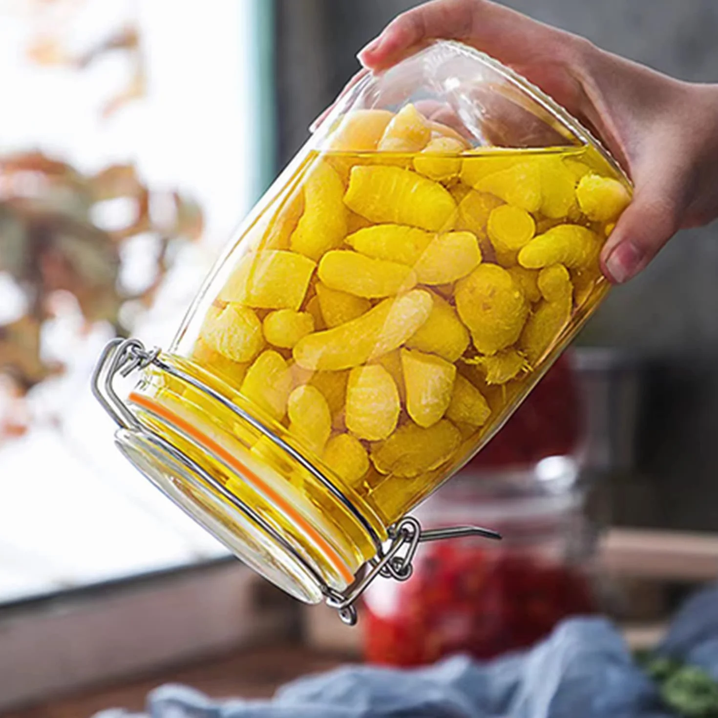 Szklane słoiki 900 ml, hermetyczny szklany słoik do przechowywania żywności z pokrywką zaciskową, zaokrąglony hermetyczny pojemnik 1000 ml z szczelną gumową uszczelką, przezroczyste szklane