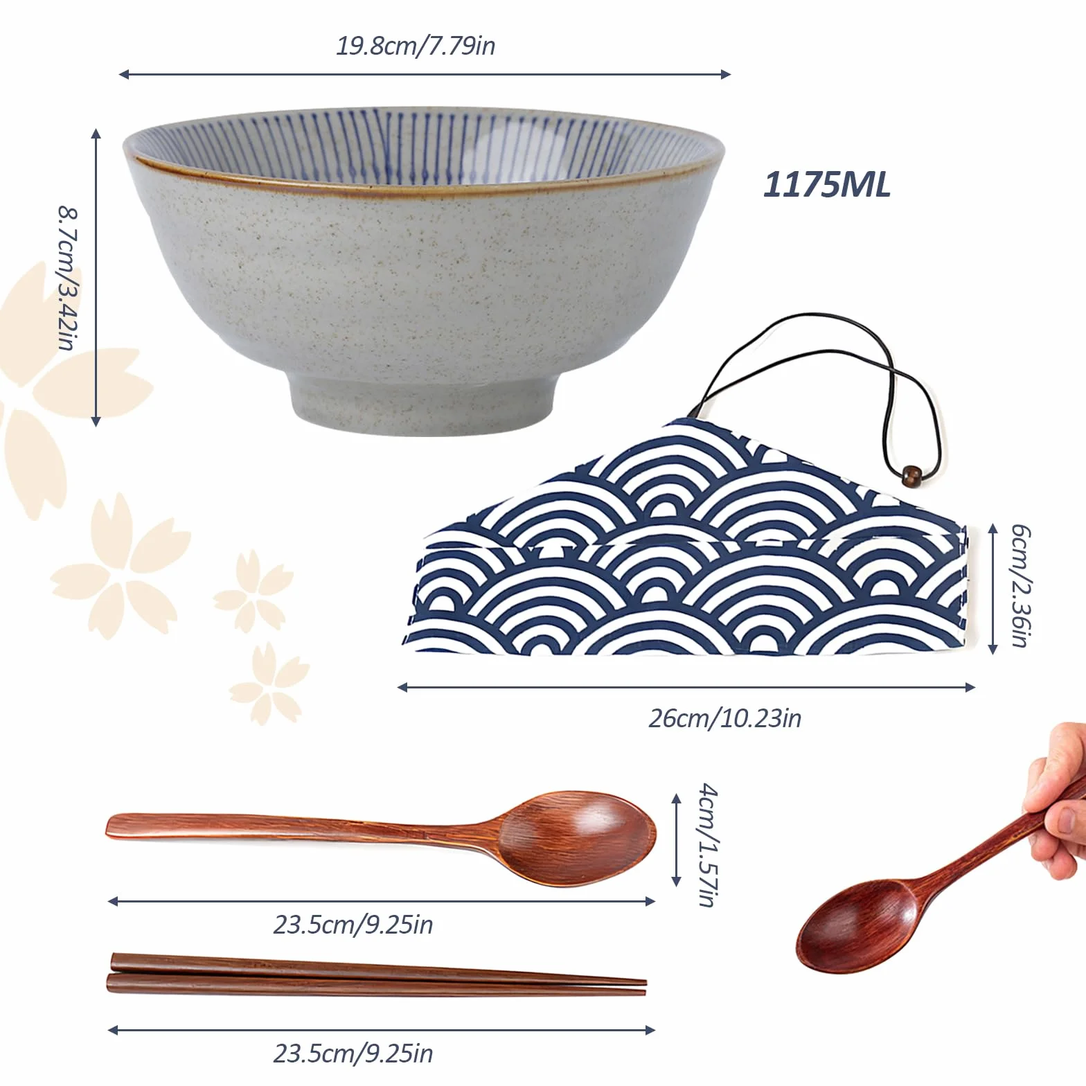 Buumin Zestaw 2 ceramicznych porcelanowych misk do ramenu, makaronu, zup, pho, saładek, przekąsek, płatków śniadaniowych