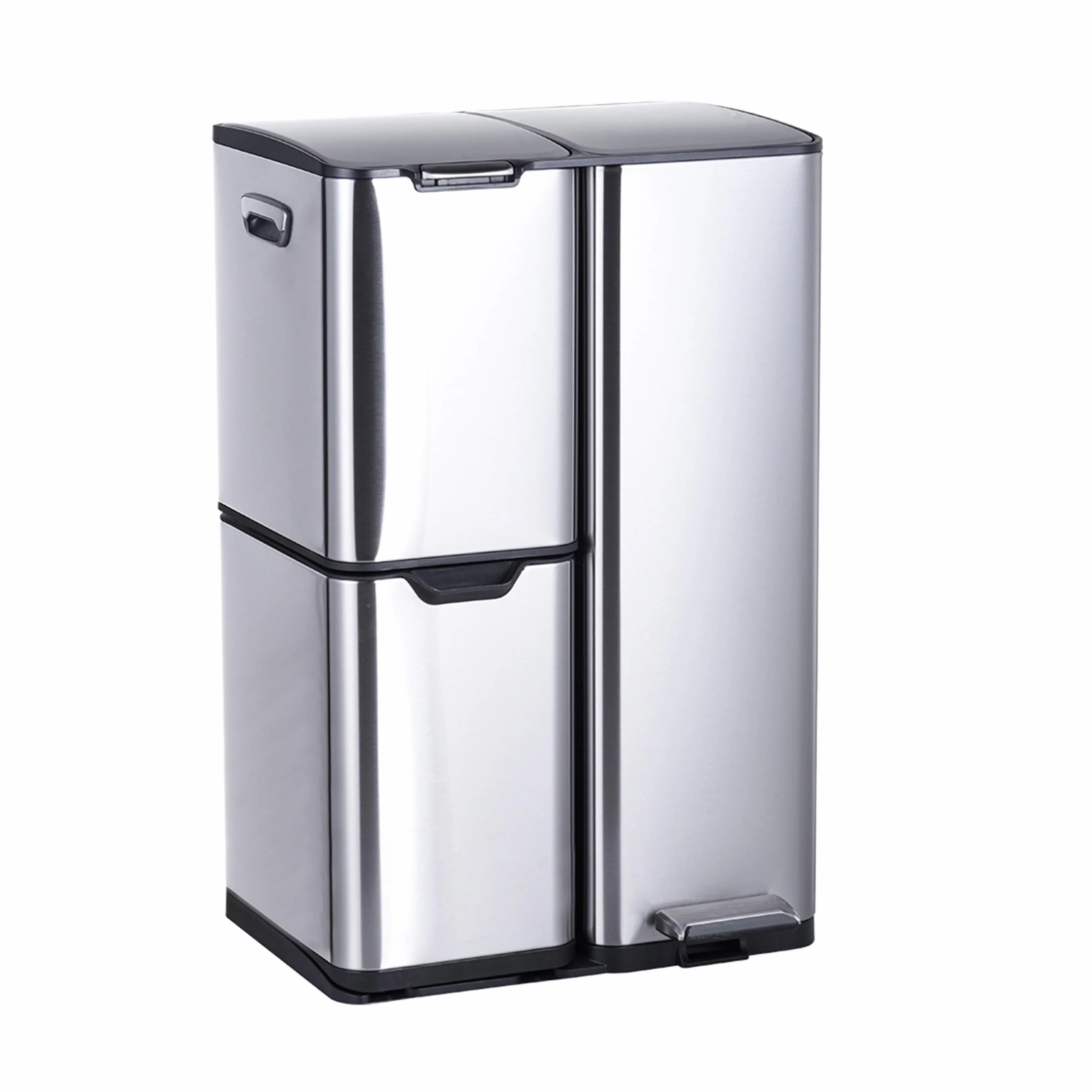 Relaxdays Kosz na śmieci, 3 przegródki, 60 l, wyjmowany kosz wewnętrzny, Soft Close, nożny, stal nierdzewna, segregator śmieci, kuchnia, srebrny