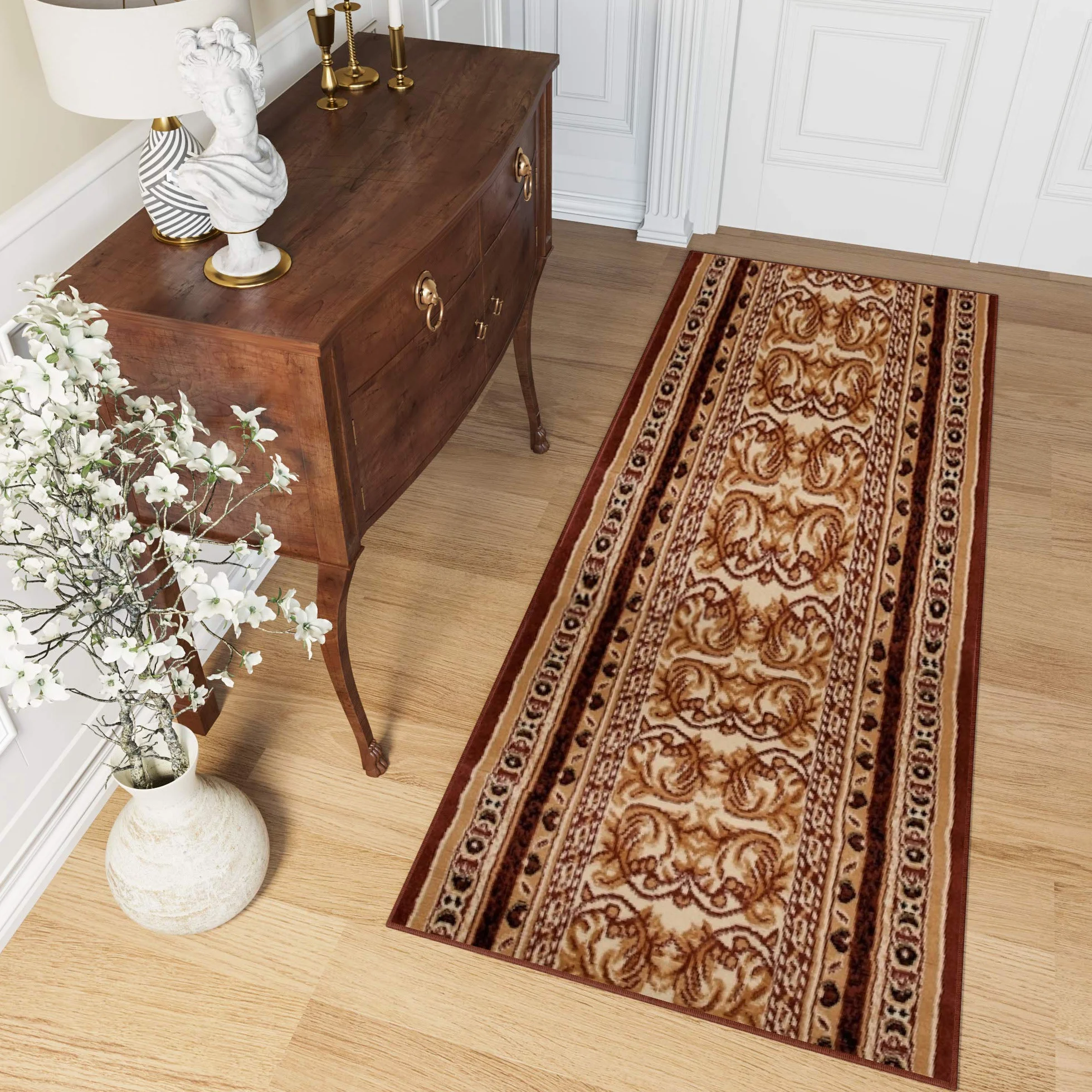 TAPISO Atlas chodnik na metry, krótkie runo, do kuchni, salonu, klasyczny, kwiatowy, paski, brązowy, beżowy, Ökotex 120 x 450 cm
