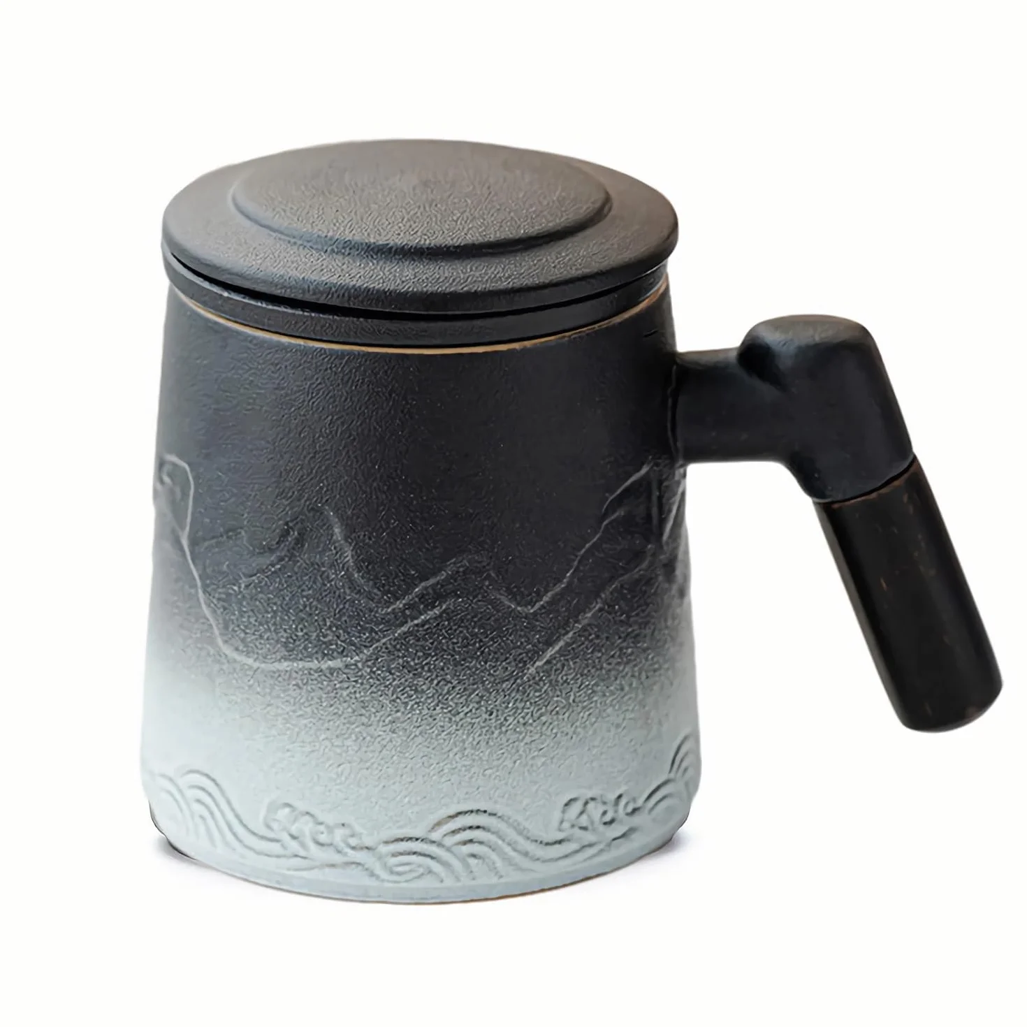 Filiżanki do herbaty z sitkiem i pokrywką, 360 ml, matowa ceramiczna filiżanka do herbaty z gradientowym wzorem, drewniany uchwyt, kubek do herbaty dla miłośników herbaty, prezent dla miłośników