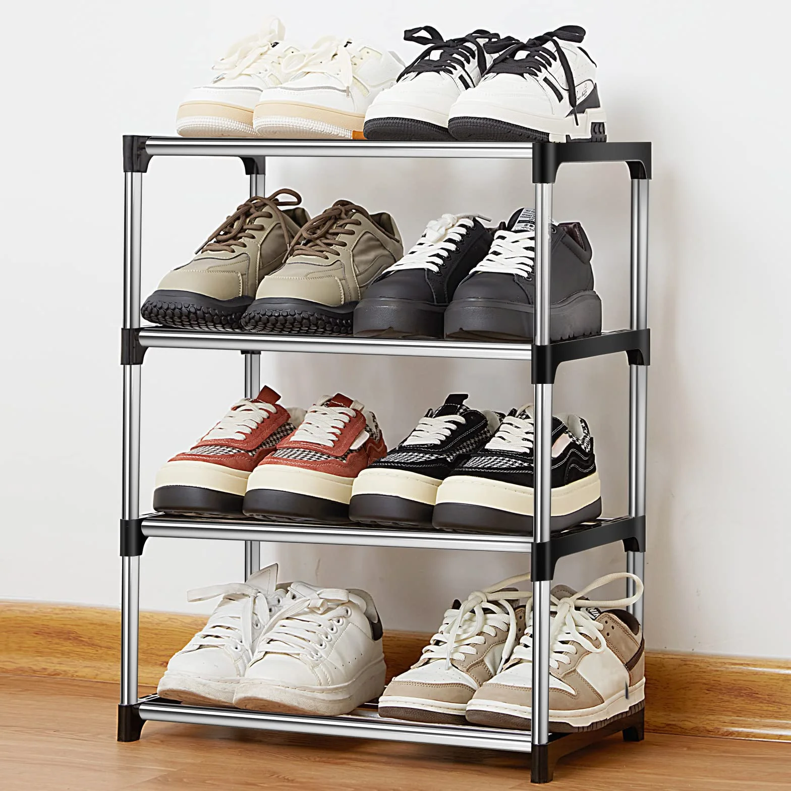 4-poziomowy stojak na buty, mały stojak na buty, metalowy organizer do przechowywania butów, wąski, można układać w stos, do przedpokoju, sypialni, szybki montaż, bez użycia narzędzi, 44 x 28 x 53 cm (4-poziomowy czarny)