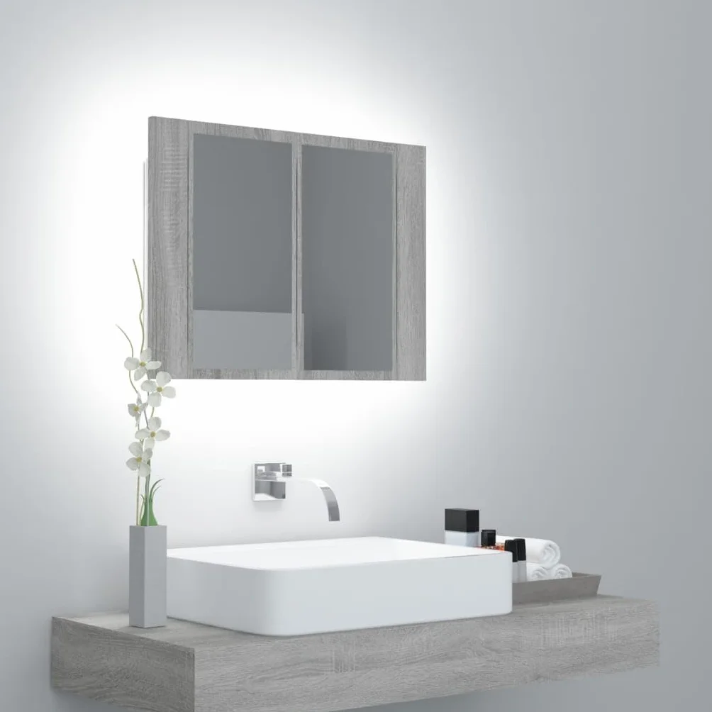vidaXL Szafka łazienkowa z lustrem, szary dąb sonoma, 60x12x45 cm, szafka z LED, szafka LED, szafka z podświetleniem, szafki z LED, szafki LED