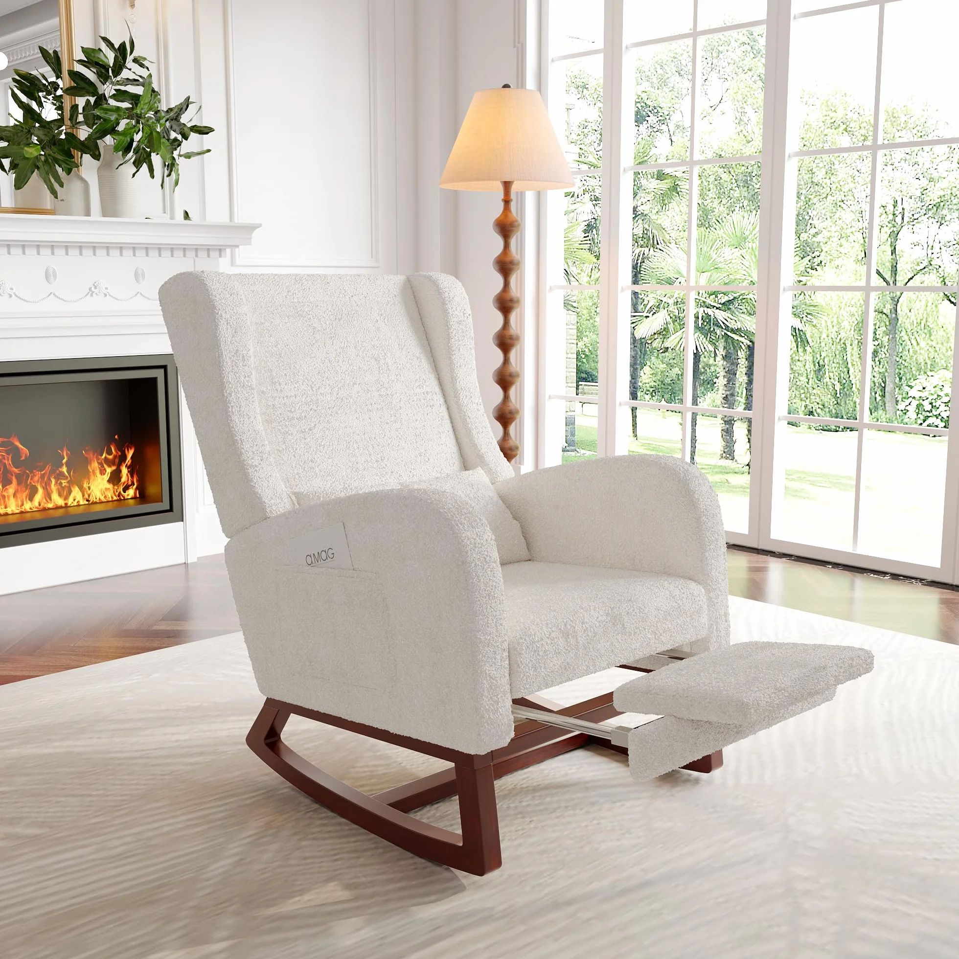 Accent fotel bujany z podstawą z litego drewna, nowoczesny, wygodny fotel tapicerowany z poduszką pod plecy i zwiewnym podnóżkiem, sofa, bujany z boczną kieszenią, do domu (Sherpa Boucle,