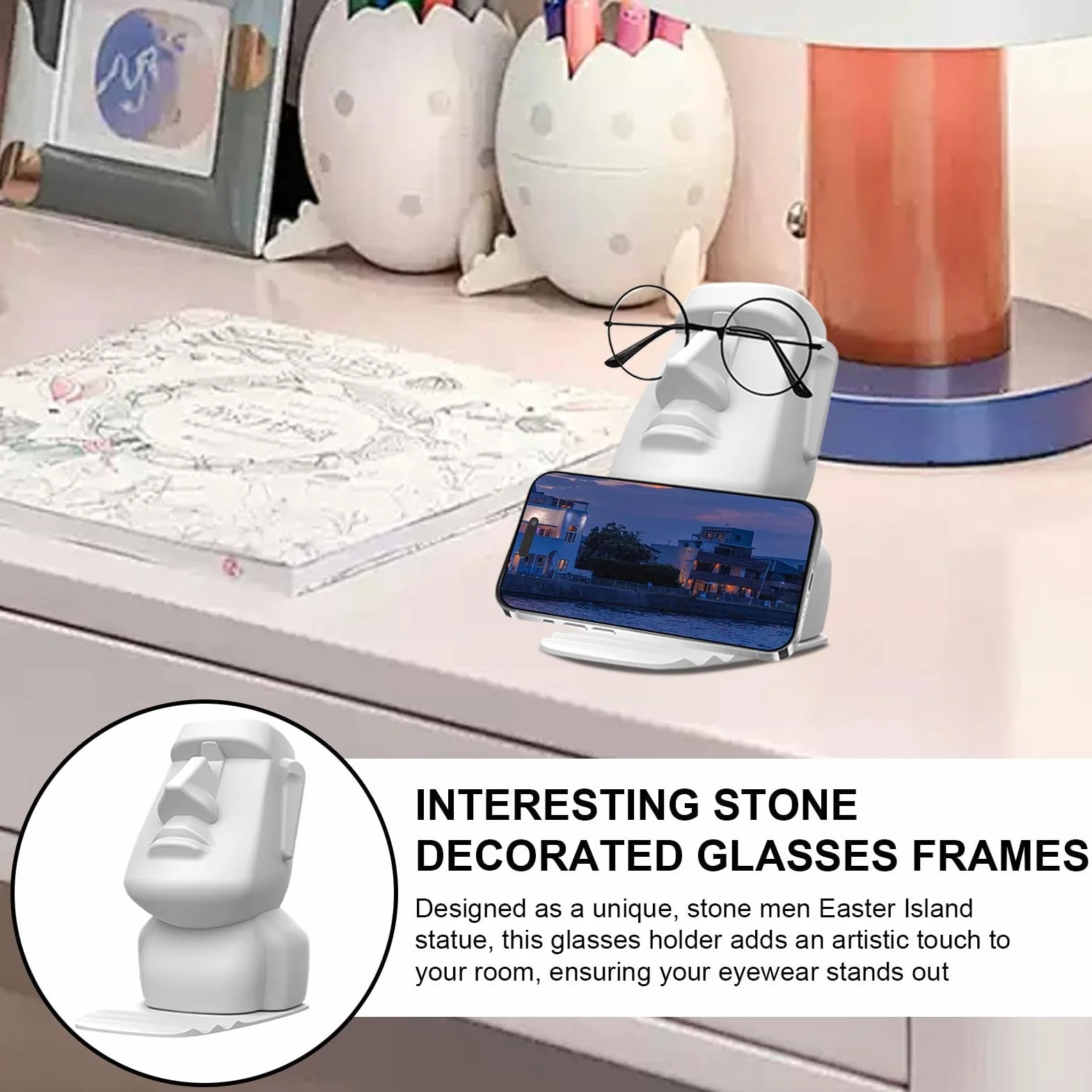 Easter Island Statue Glasses Holder Easter Island Head Eyeglass Stand, Unique Eyewear Display for Nightstand, Desktop, Home Displays Bookshelf Decoration, ABS