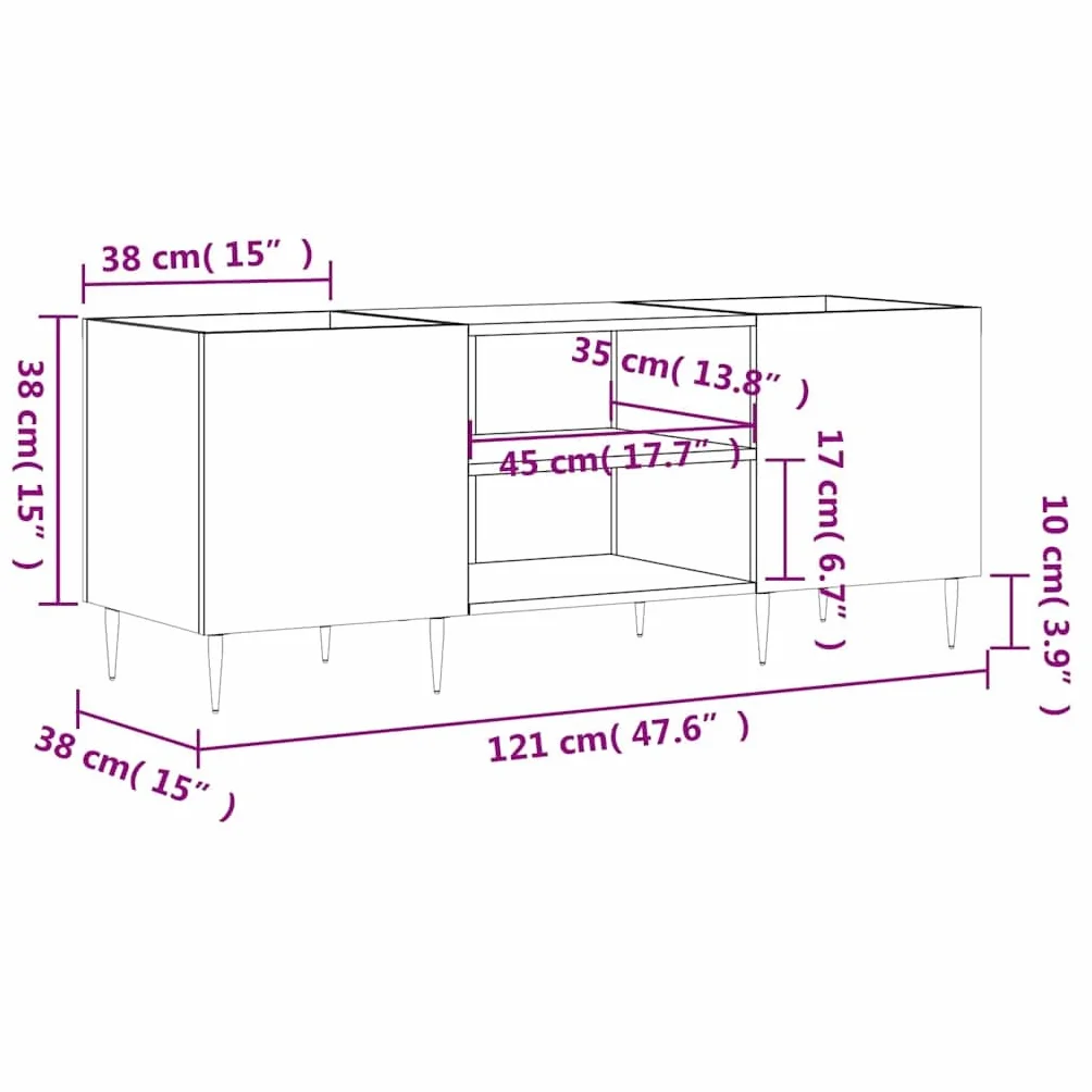 Szafa panelowa, betonowa, szara, 121 x 38 x 48 cm, materiał drewnopochodny ze stabilną płytą górną i żelaznymi nogami do stylowego przechowywania winylu, do przechowywania, mebli