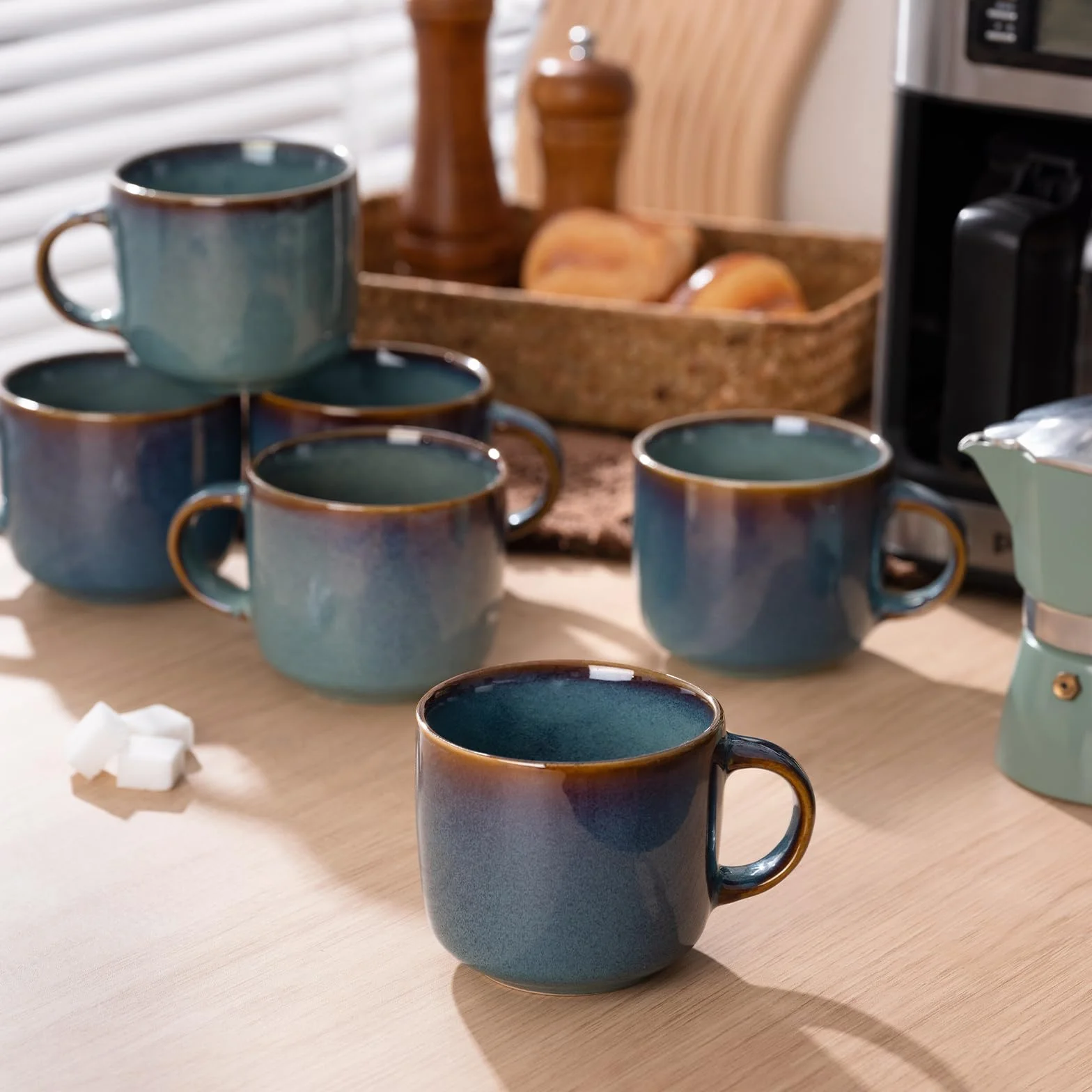 6-częściowy zestaw kubków do kawy, ceramiczne filiżanki do herbaty, wielofunkcyjne, odporne na zmywarkę i kuchenkę mikrofalową, kubek do kawy 360 ml, niebieski kubek kawowy