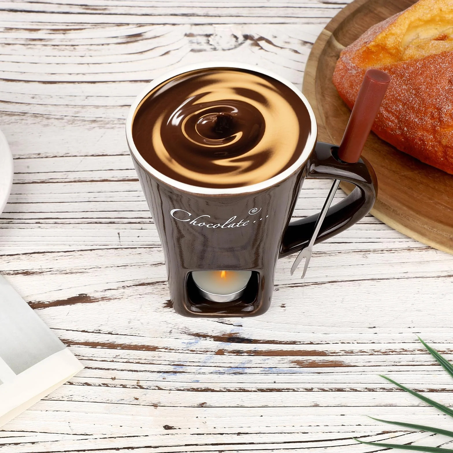 Kubek Fondue Czekoladowego z Widelczykiem i Podgrzewaczami, Słodki Kubek Roztapiania Czekolady Ceramiczny Zestaw Fondue Czekolada Ser Cukierki Idealny Prezent Randkę Urodziny (Ciemnobrązowy)