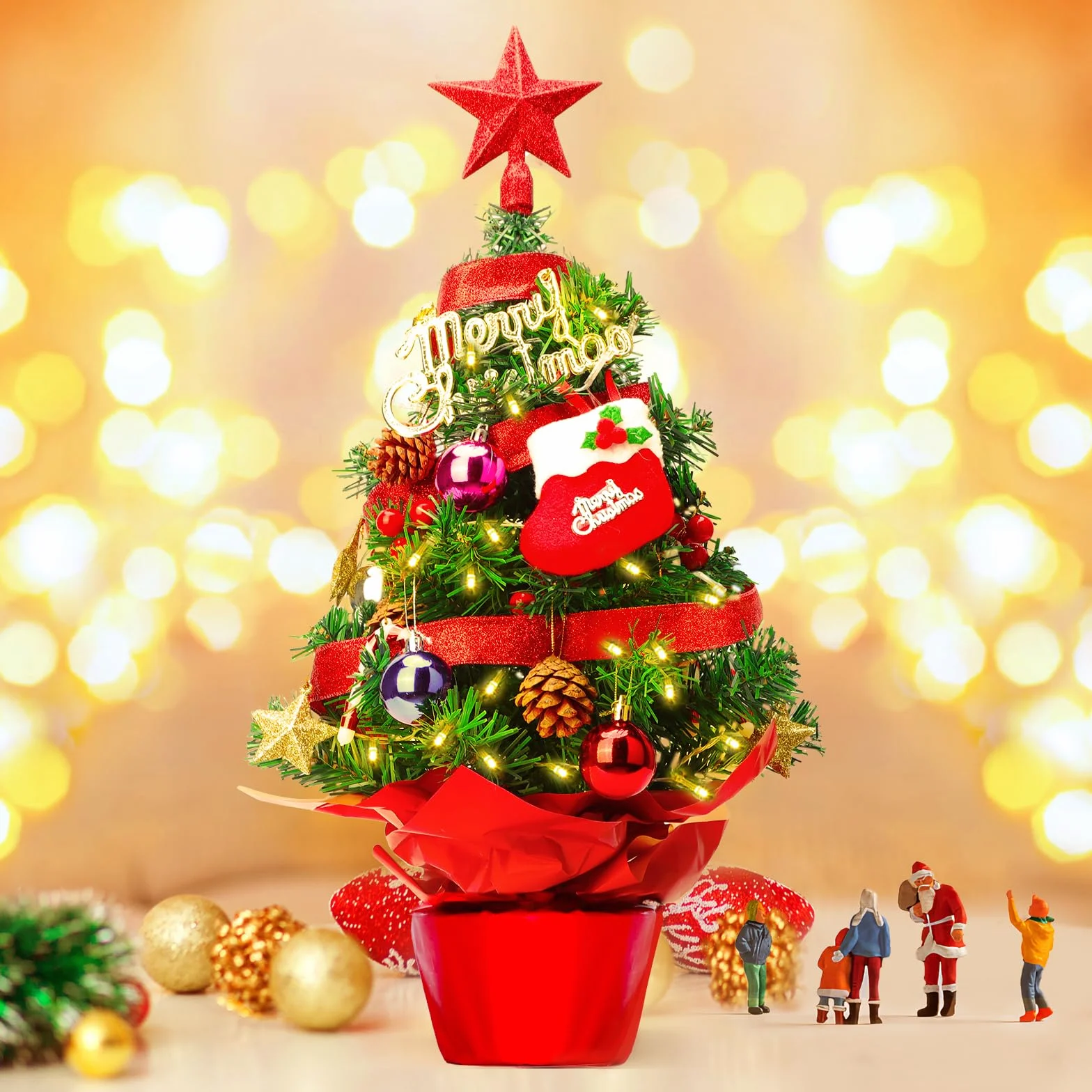 Mini choinka 60 cm, mała choinka z oświetleniem LED, stół, choinka, mała, sztucznie zdobiona, choinka, choinka, Boże Narodzenie, dekoracja, czerwona