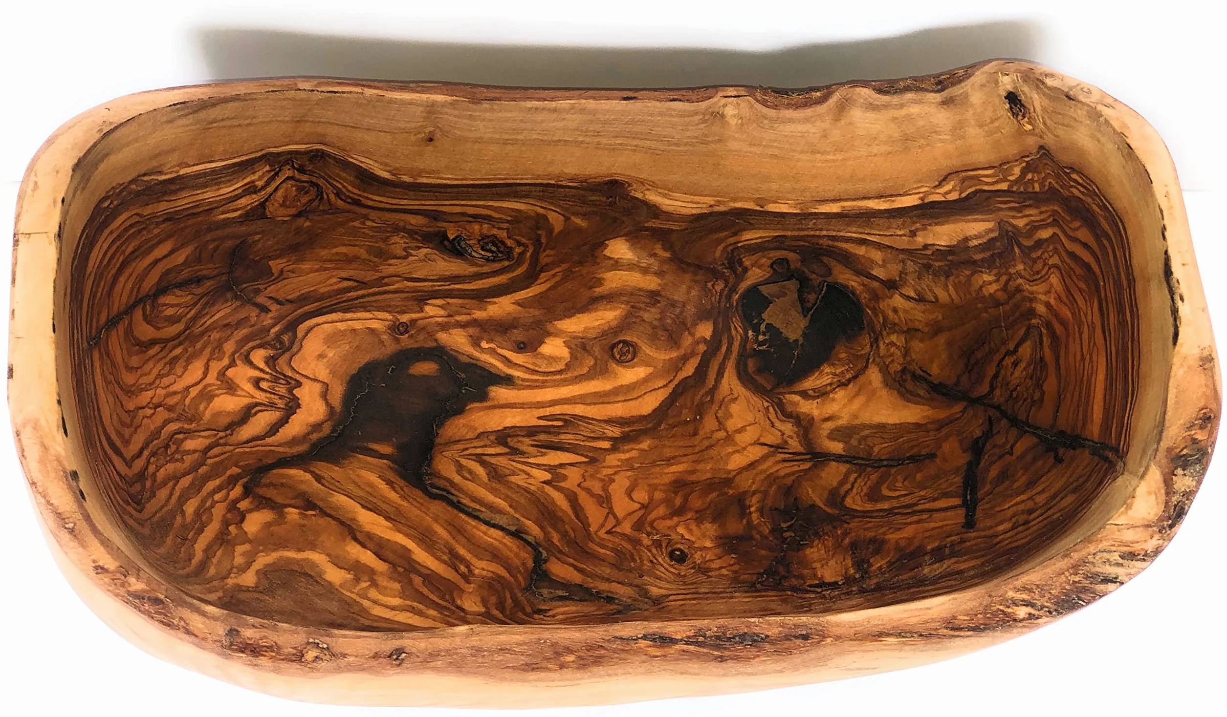 Rustykalna owalna miska na ciasto z drewna oliwkowego 30 cm rustykalna miska na chleb od sadu liściastego - w kształcie łodzi - żywa krawędź kory. Wystrój domu wiejskiego na owoce, sałatki, przekąski,