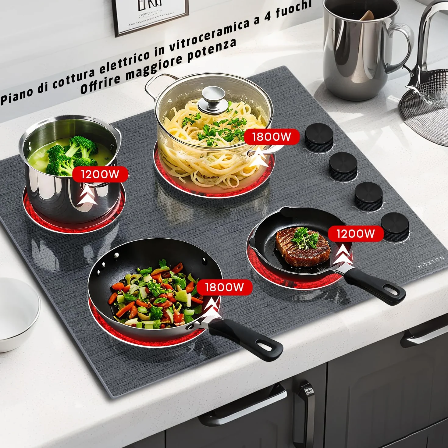 NOXTON płyta szklano-ceramiczna 4 płyty ze sterowaniem pokrętłem, płyta elektryczna do zabudowy 60 cm, płyta ceramiczna 4 strefy z 9 poziomami mocy, 6000 W, 220 V-240 V, bez wtyczki