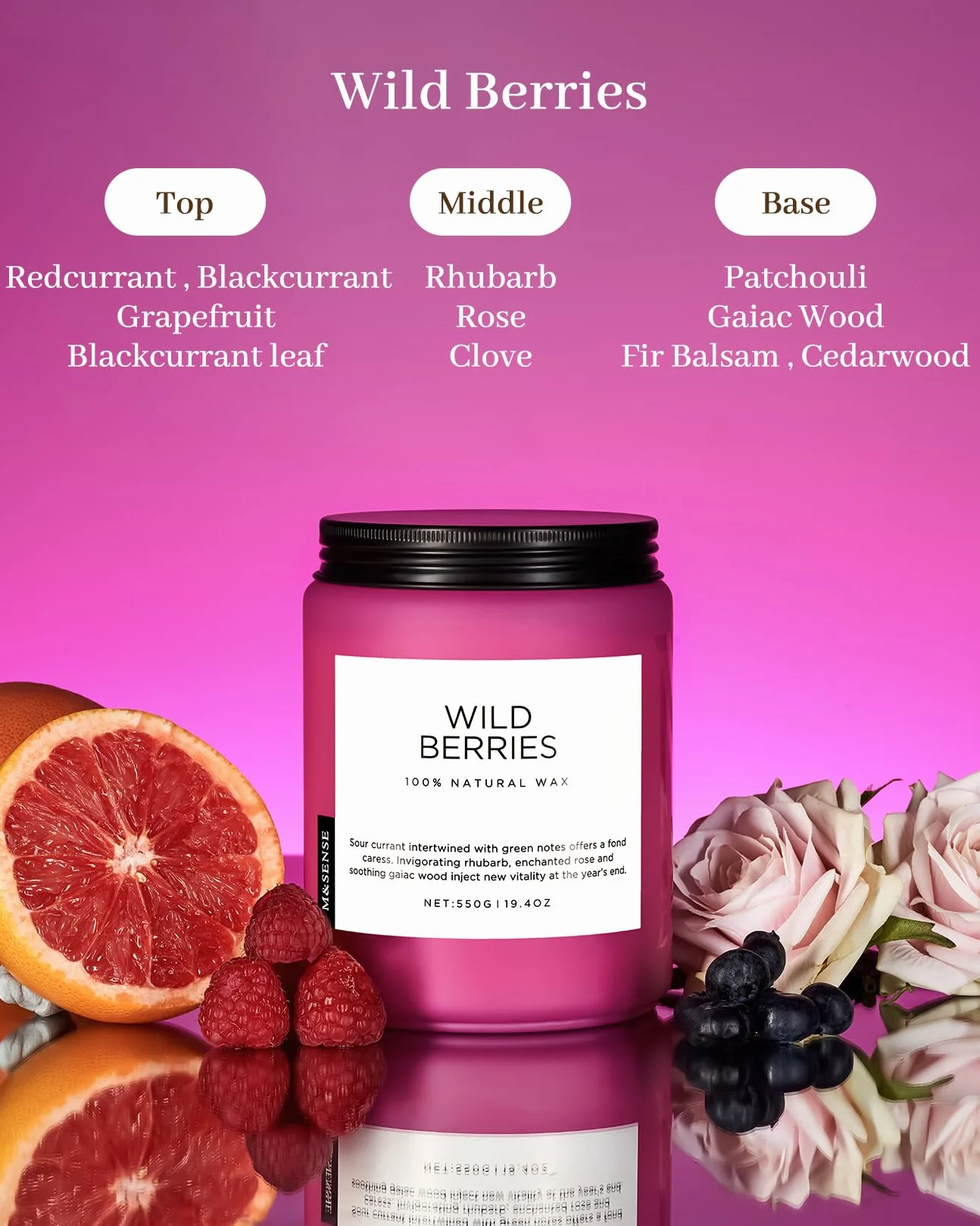 Świeca zapachowa M&SENSE Wild Berry 550 g, naturalny nietoksyczny wosk sojowy, czas palenia 110 godzin