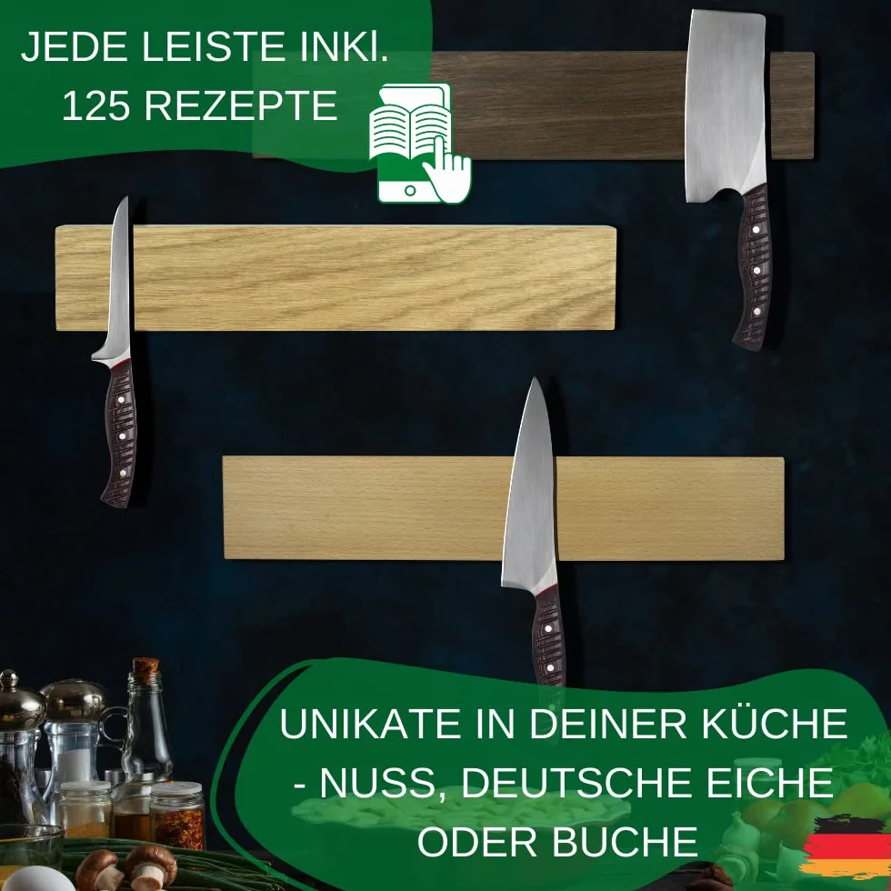 Thiru Listwa magnetyczna premium na noże – Made in Germany z ręcznego wykonania – bardzo mocny uchwyt na noże, magnetyczny z niemieckiego buku, dębu lub orzecha, 35 x 6 cm, w zestawie akcesoria