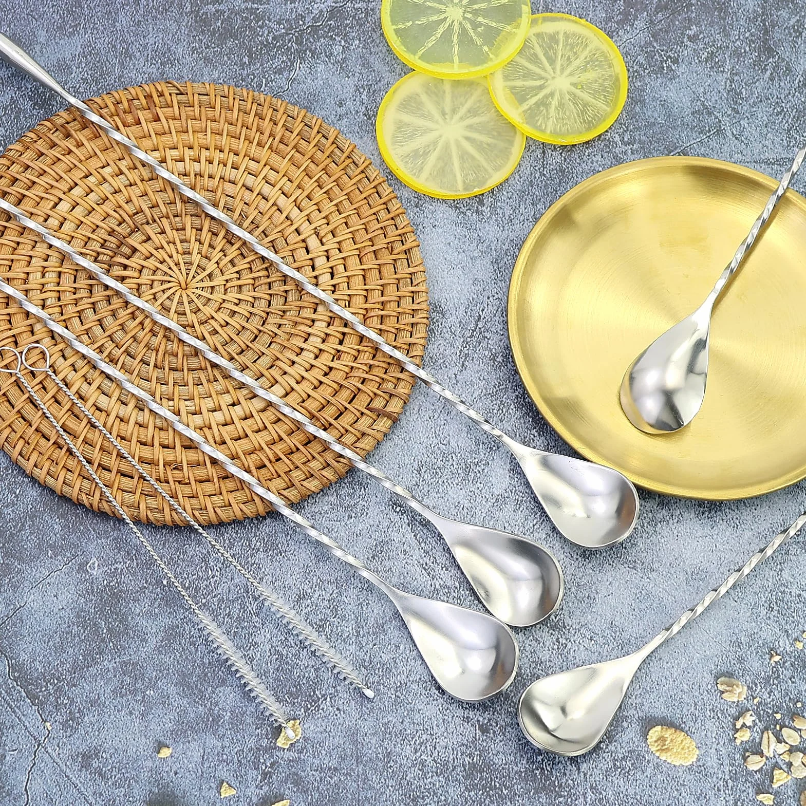 5 sztuk łyżek barowych Rühroffel długie mieszadło do koktajli, łyżka do ginu, ze stali nierdzewnej, profesjonalna łyżka do mieszania koktajli, wzór spiralny do martini, kawy, baru, shakera