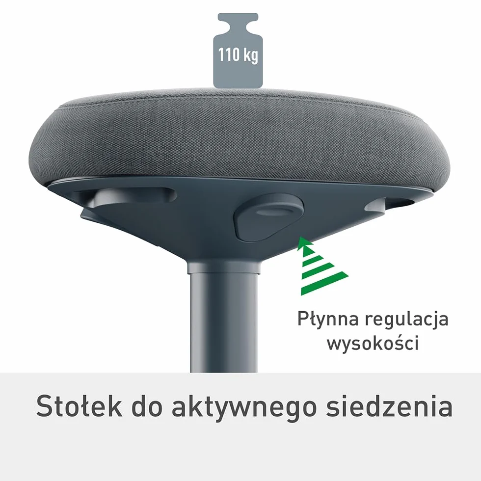 Stołek Leitz Ergo Active z Unikalną Komfortową Poduszką z Pianki o Podwójnej Gęstości, Regulowana Wysokość od 47 do 64cm, Siedzisko w 100% z Recyklingu, Udźwig 110kg, Seria Ergo, Ciemnoszary, 65440089