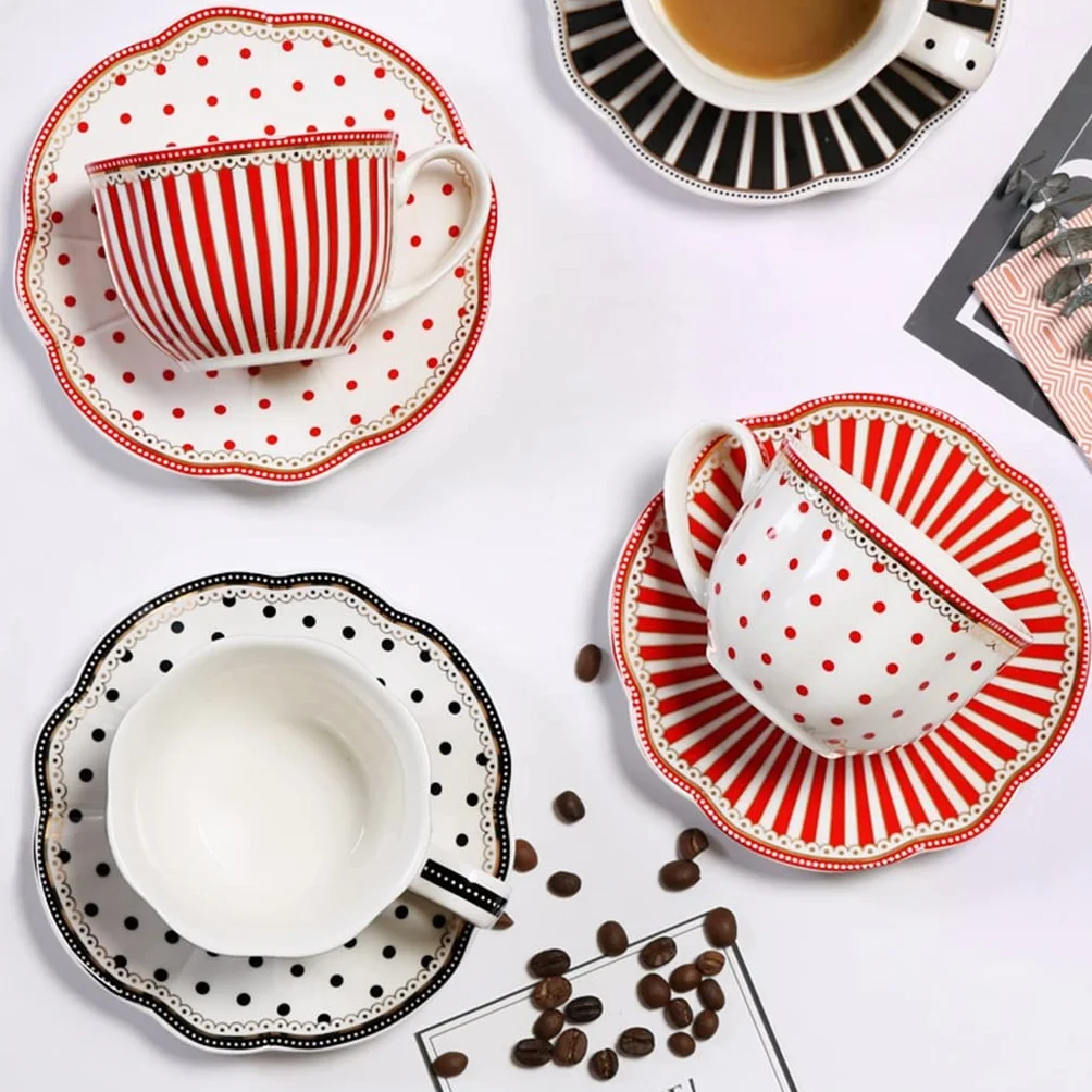 Ceramiczny kubek do kawy w paski i spodek zestaw domowy popołudniowa herbata zestaw francuski kwiat filiżanka do herbaty łyżeczka (3 szt.)