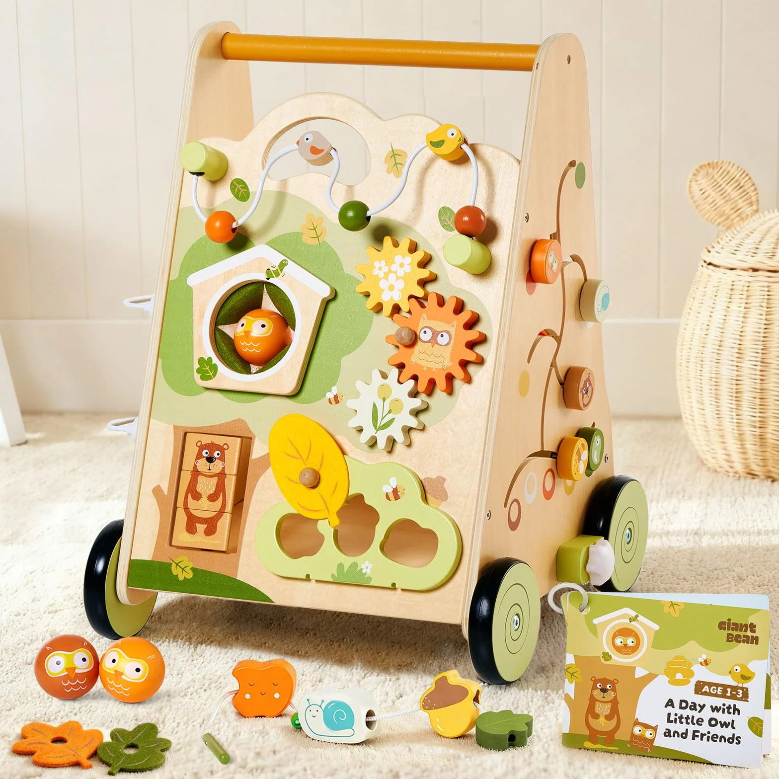 Drewniany chodzik dla dzieci Wooden Push Walker Wielokolorowy – Zabawka i pomoc w nauce chodzenia z centrum aktywności 8-w-1, regulowana prędkość i antypoślizgowe kółka dla dzieci od 1 roku życia