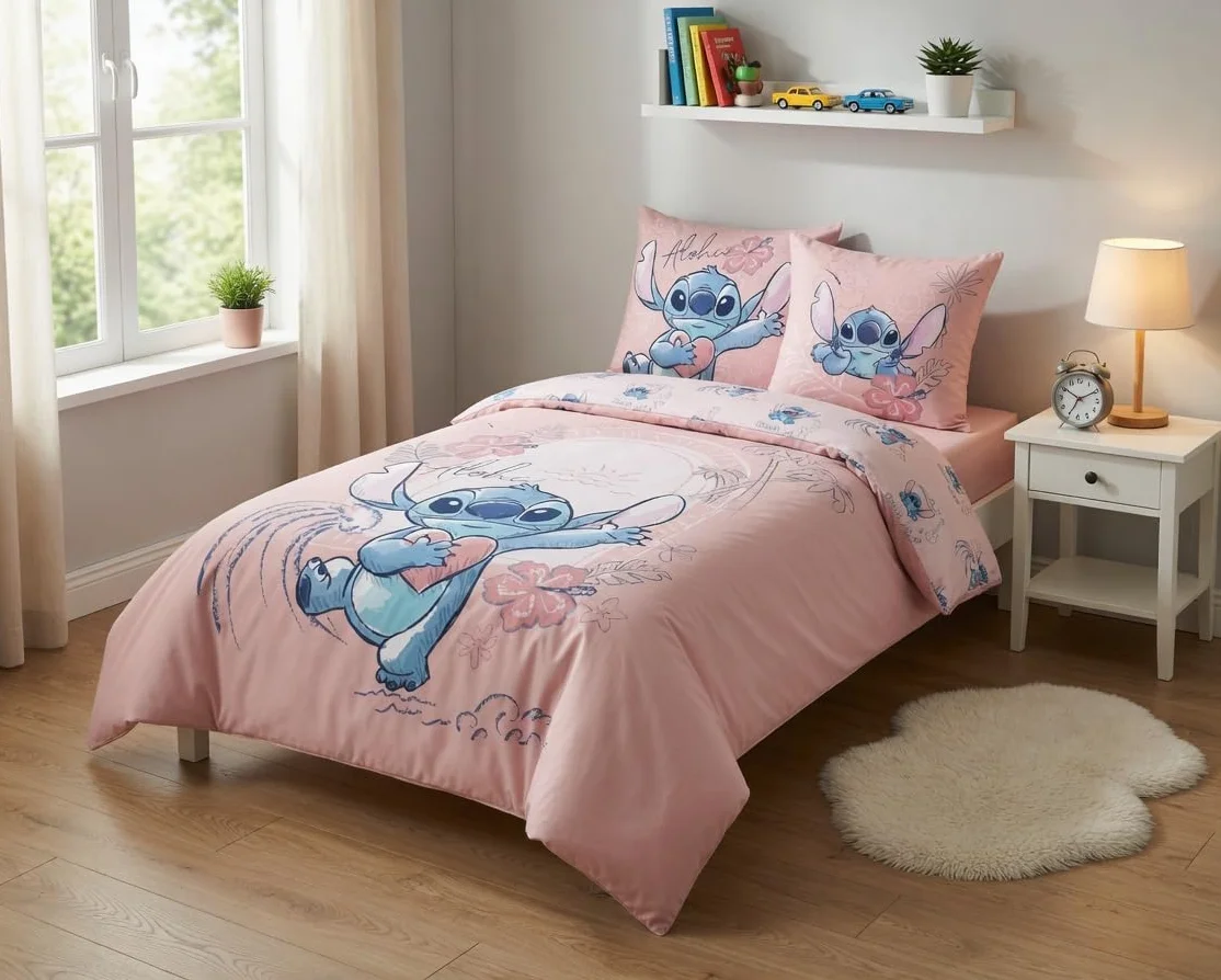 Disney Stitch różowy komplet pościeli, 100% bawełna, poszwa na kołdrę 140 x 200 cm i poszewka na poduszkę 65 x 65 cm
