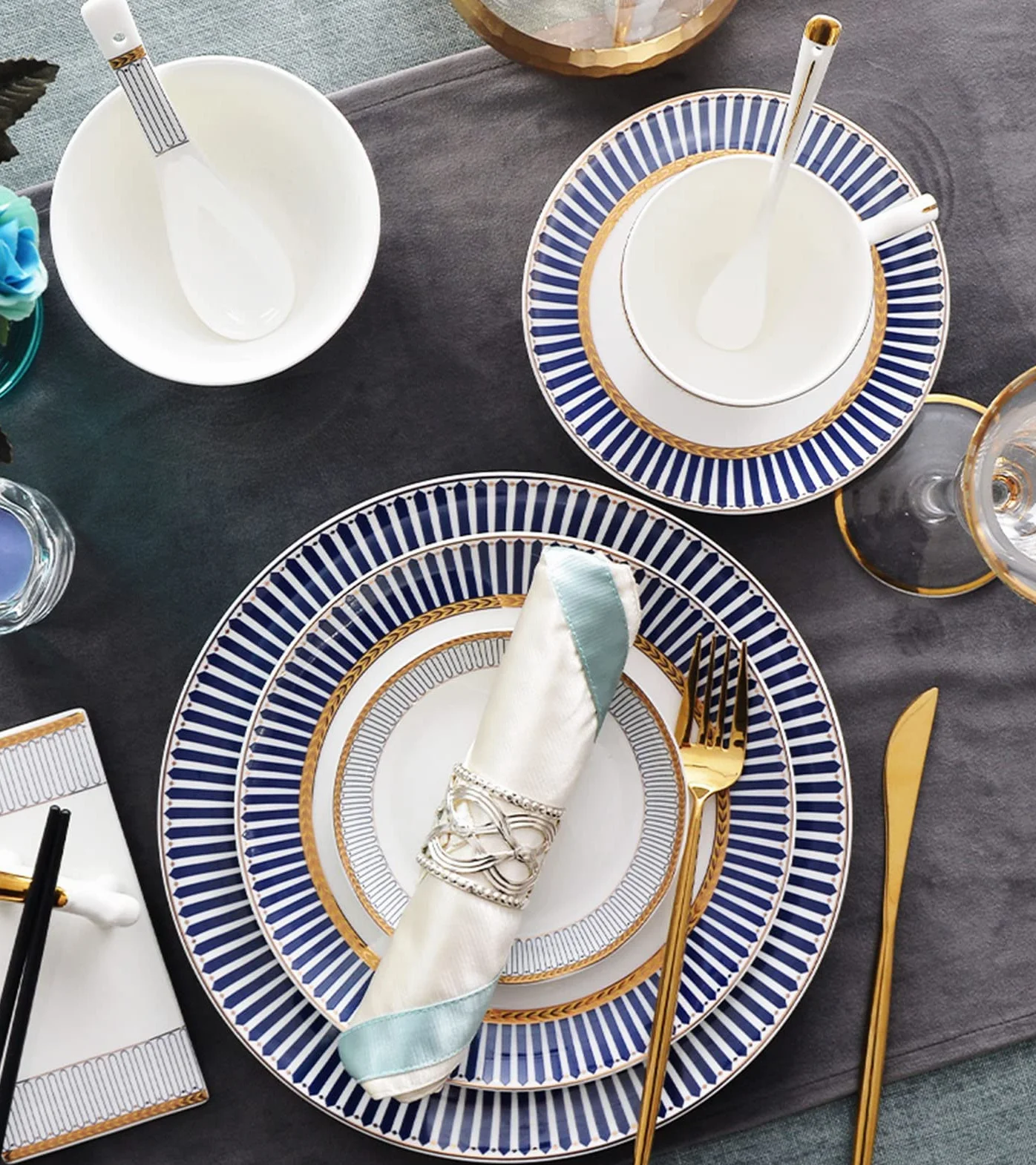 20-częściowy zestaw obiadowy z porcelany kostnej, zestaw porcelanowy, lekki zestaw talerzy i misek na 2 komplety obiadowe, zestaw zastawy stołowej