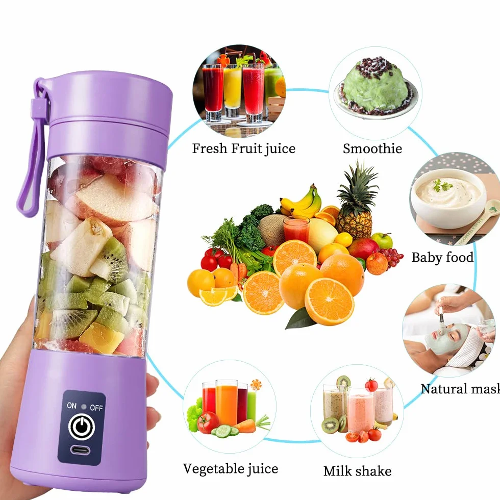 Przenośny blender, osobisty, sokowirówki, 380 ml, ręczny, do owoców, ładowany przez USB, z 6 ostrzami, podróżny do koktajli, jasnofioletowy