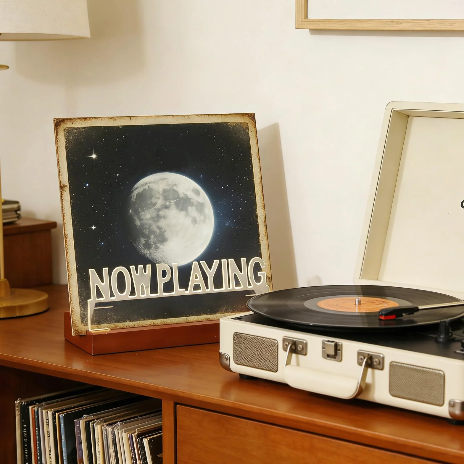 Now Playing stojak na płyty winylowe, drewniany, akrylowy uchwyt z ciepłymi białymi światłami, podświetl regał na płyty gramofonowe, teraz Playing Vinyl Record Stand do winylowych albumów i
