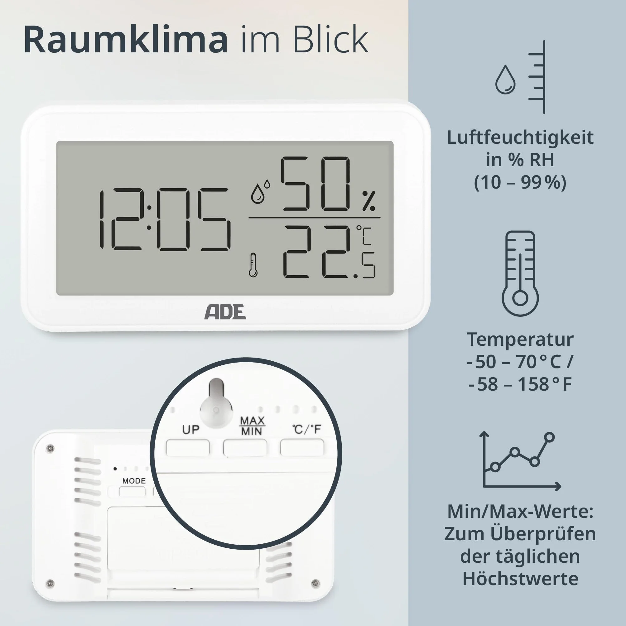 ADE Termometr z miernikiem wilgotności wewnętrznej, cyfrowy zegar łazienkowy z temperaturą, miernik wilgotności z czasem, higrometr do biura, pokoju dziecięcego, sypialni, łazienki, biały leżący
