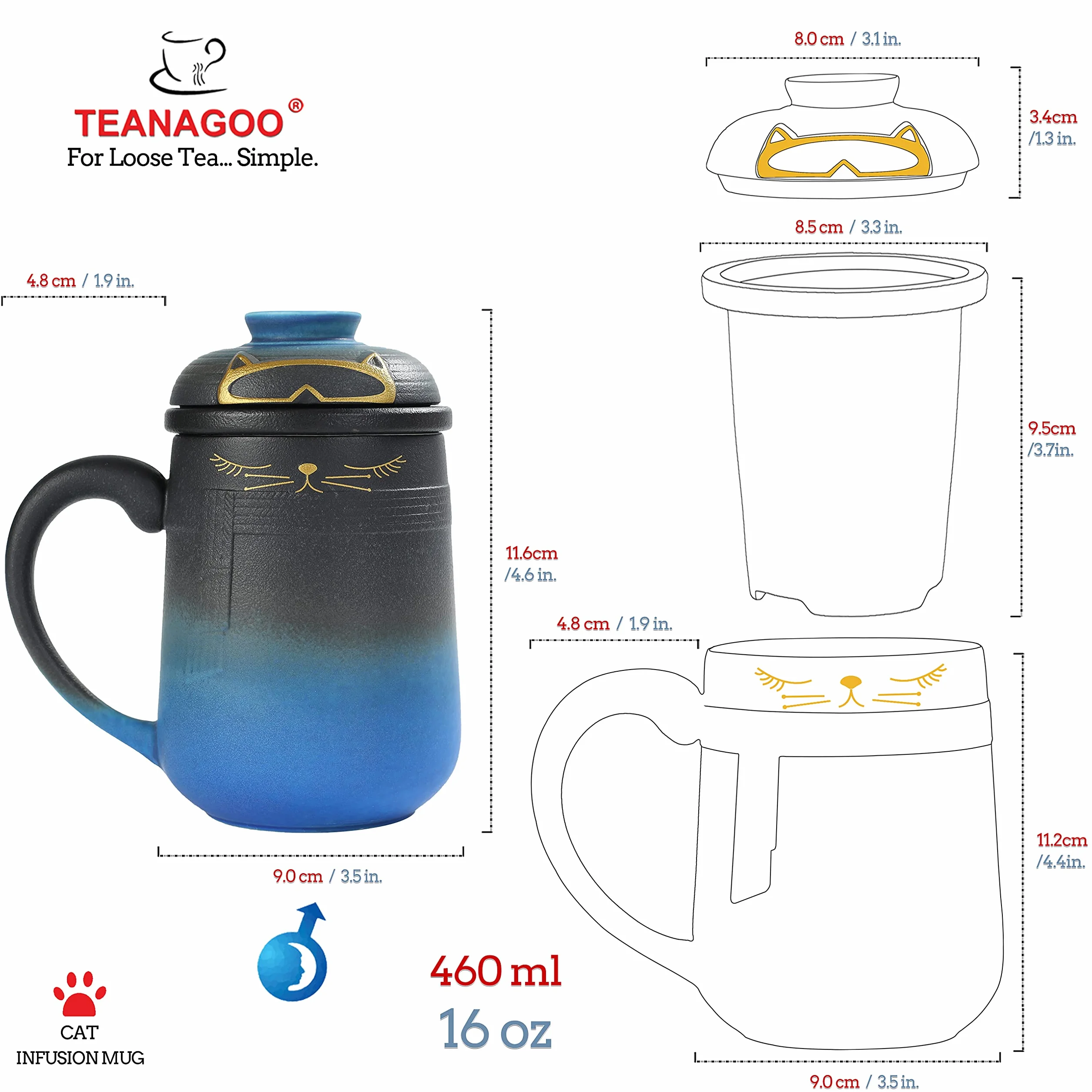 TEANAGOO Ceramiczny kubek zaparzający dla kota z pokrywką, 460 ml, gradient niebieski do czarnego, duży japoński zestaw filiżanek do herbaty, szklany kubek z dyfuzorem herbaty japoński kubek do kawy