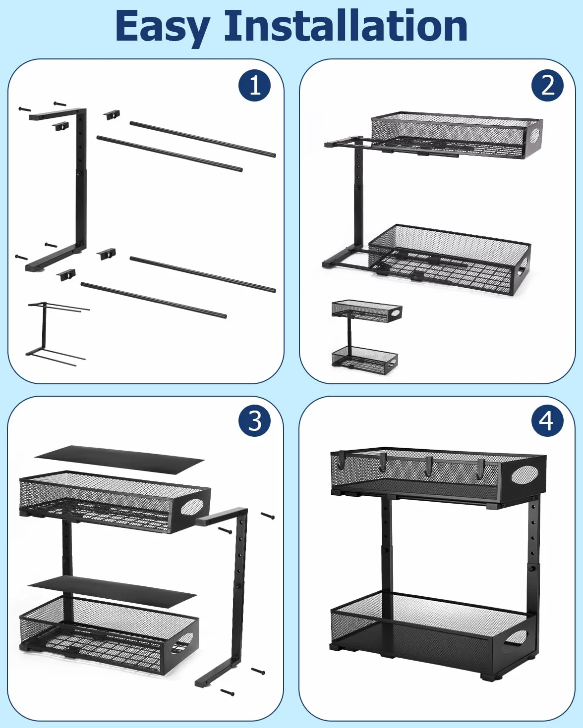 Metalowy schowek pod zlewem, 2-poziomowy wysuwany organizer pod zlewozmywak kuchenny, Półka pod zlewozmywakiem z regulacją wysokości do kuchni, szafki, łazienki, 1 sztuka, czarny
