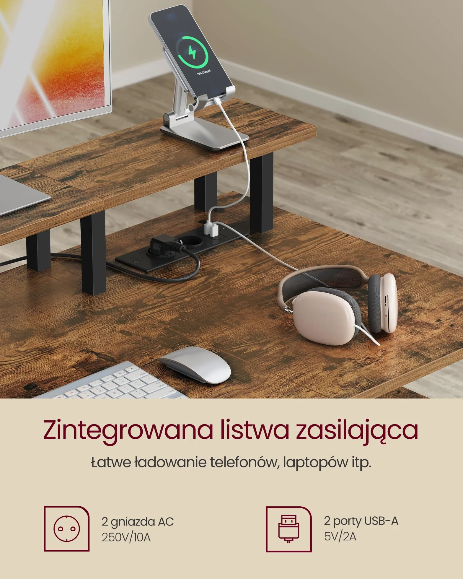 VASAGLE Biurko do gier, z szufladami z tkaniny, stolik komputerowy ze stojakiem na ekran, listwa zasilająca, 2 porty USB, do domowego biura, 140 x 60 cm, rustykalny brąz LWD094K02V1