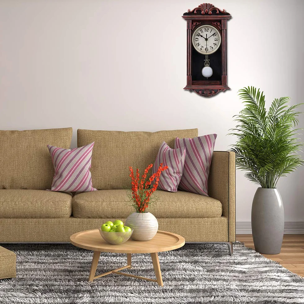 Wahadłowy zegar ścienny retro, kwarcowy, dekoracyjny zegar ścienny, na baterie, do salonu, biura, dekoracji, domu, 40 cm, brąz