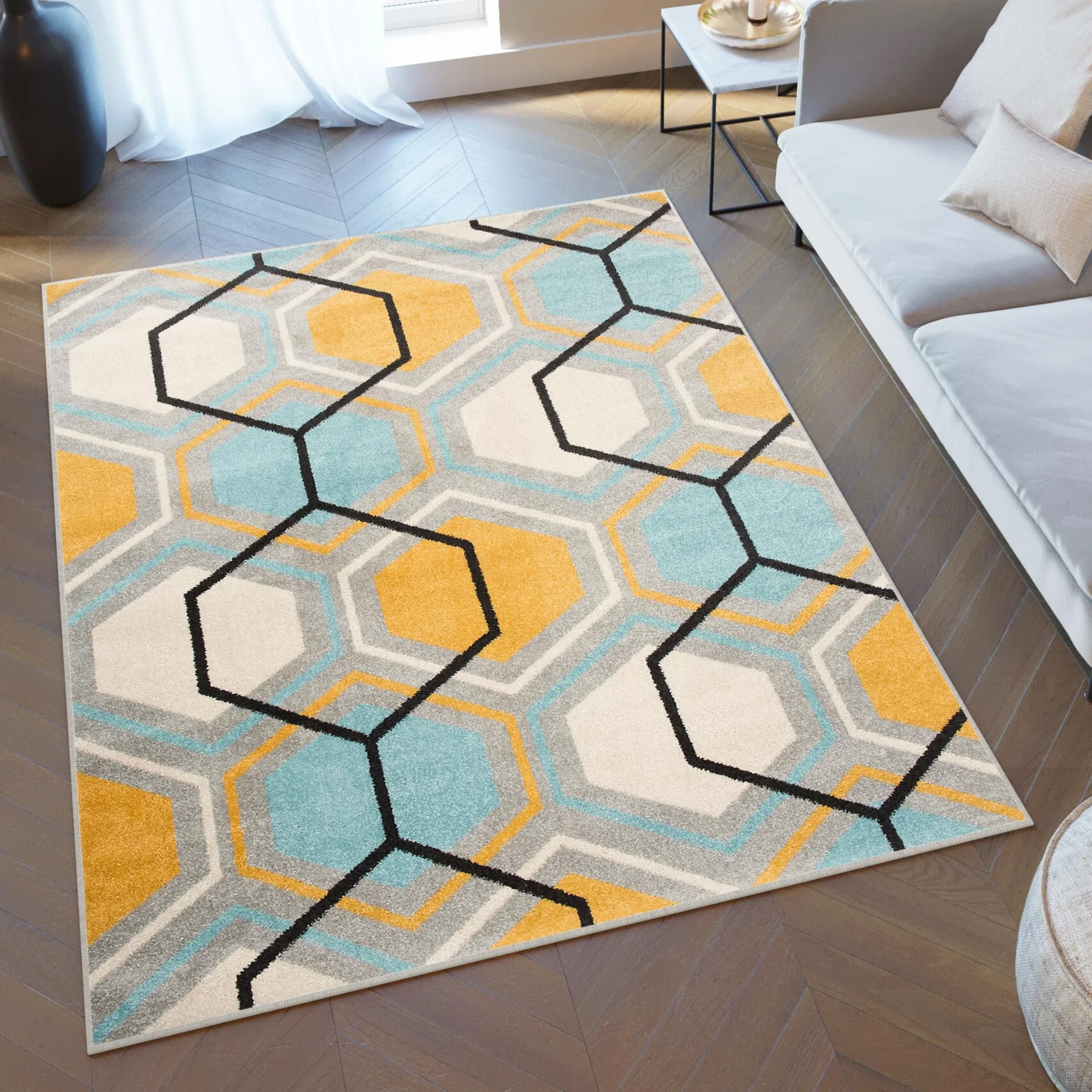 Tapiso LAZUR dywan do salonu, krótkie runo, nowoczesny, geometryczny kratka, szary, kremowy, żółty, jasnoniebieski, do sypialni, Ökotex 300 x 400 cm