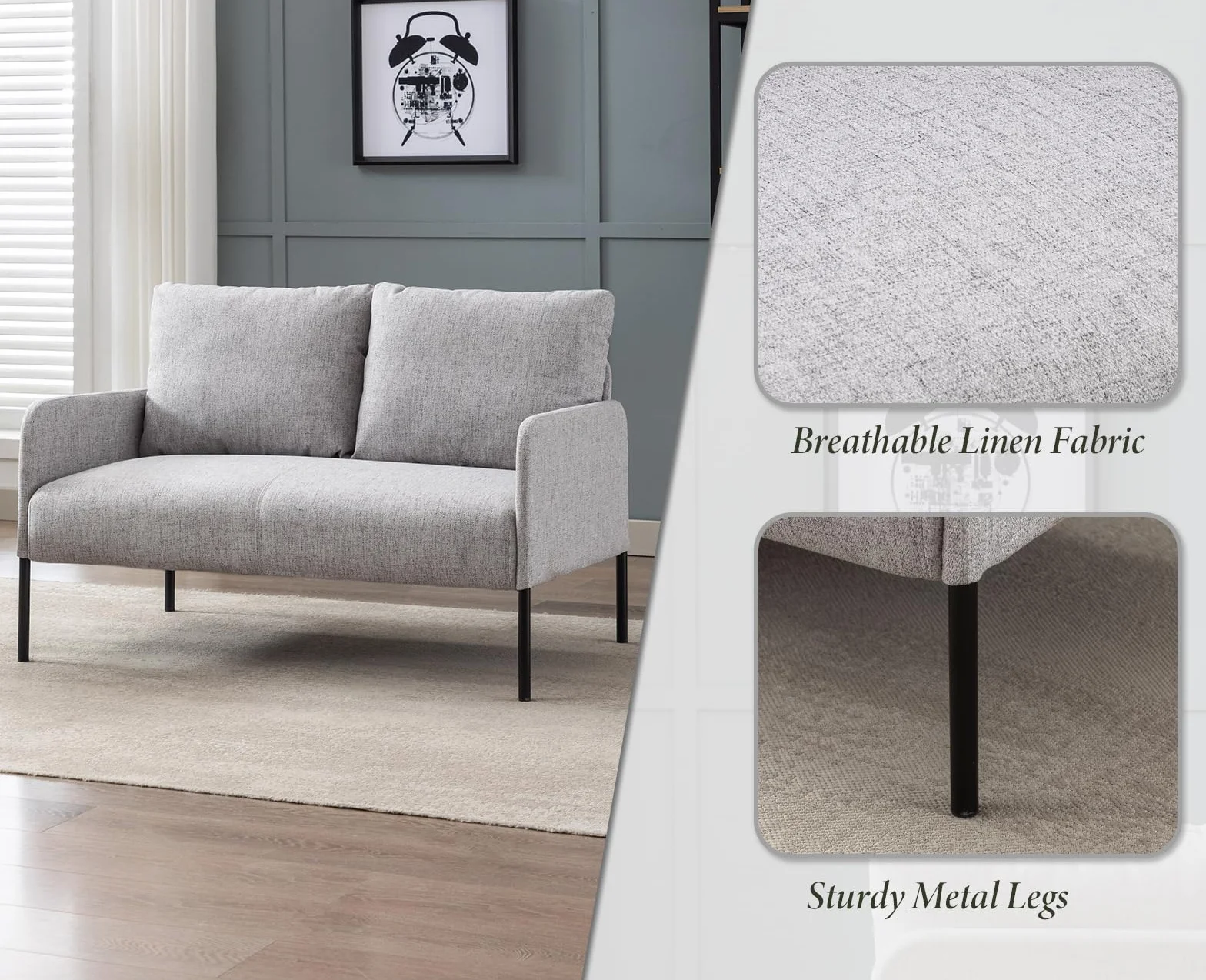 chairus Sofa 2-osobowa, nowoczesna, lniana kanapa, tapicerowana, do salonu, fotel z metalowymi nogami (szara)