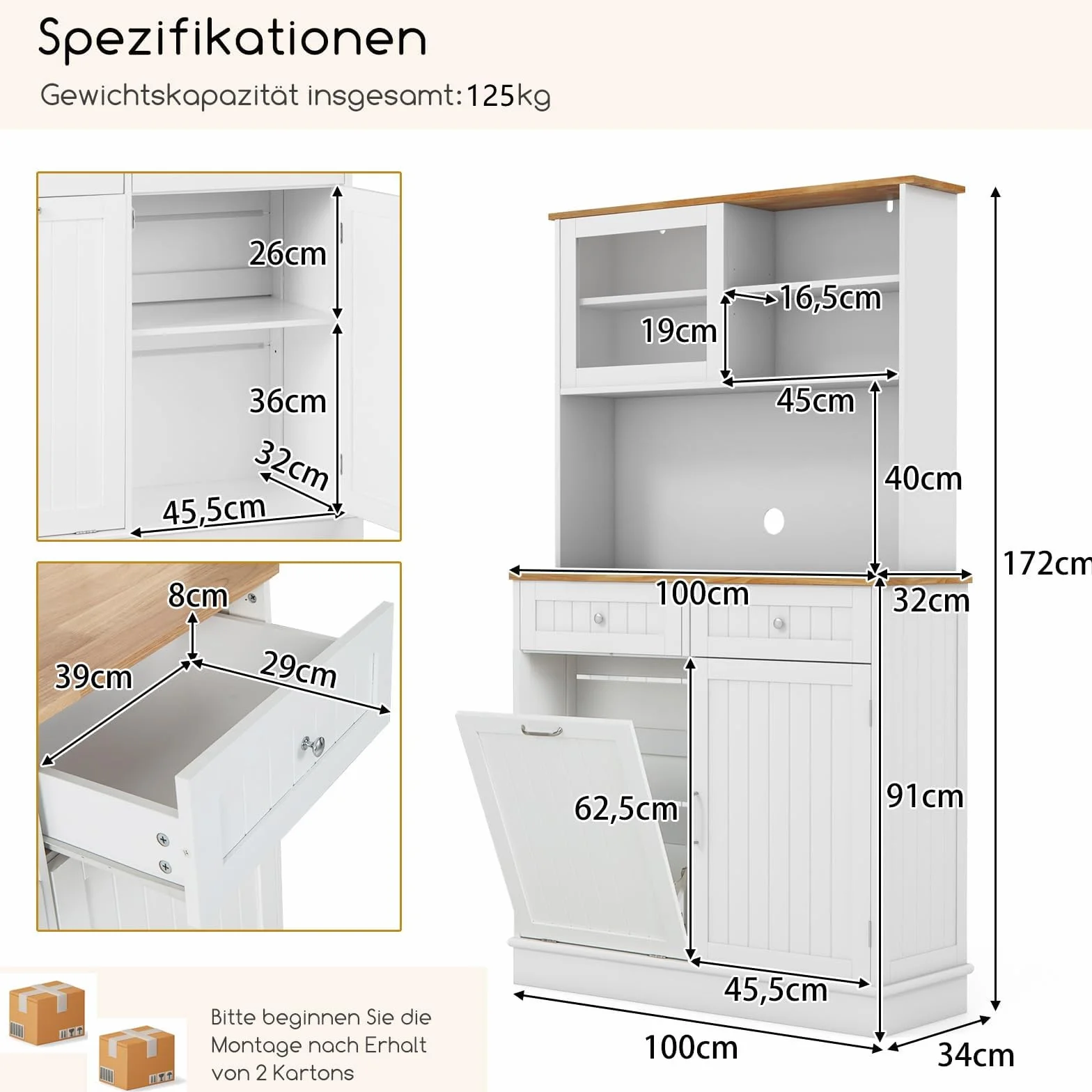 COSTWAY Szafka kuchenna, na kosz na śmieci 45 l, szafka bufetowa z blatem roboczym i 2 szufladami i regulowanymi półkami, wysoka szafka kuchenna do kuchenki mikrofalowej, komoda z drewna, 100 x 34 x