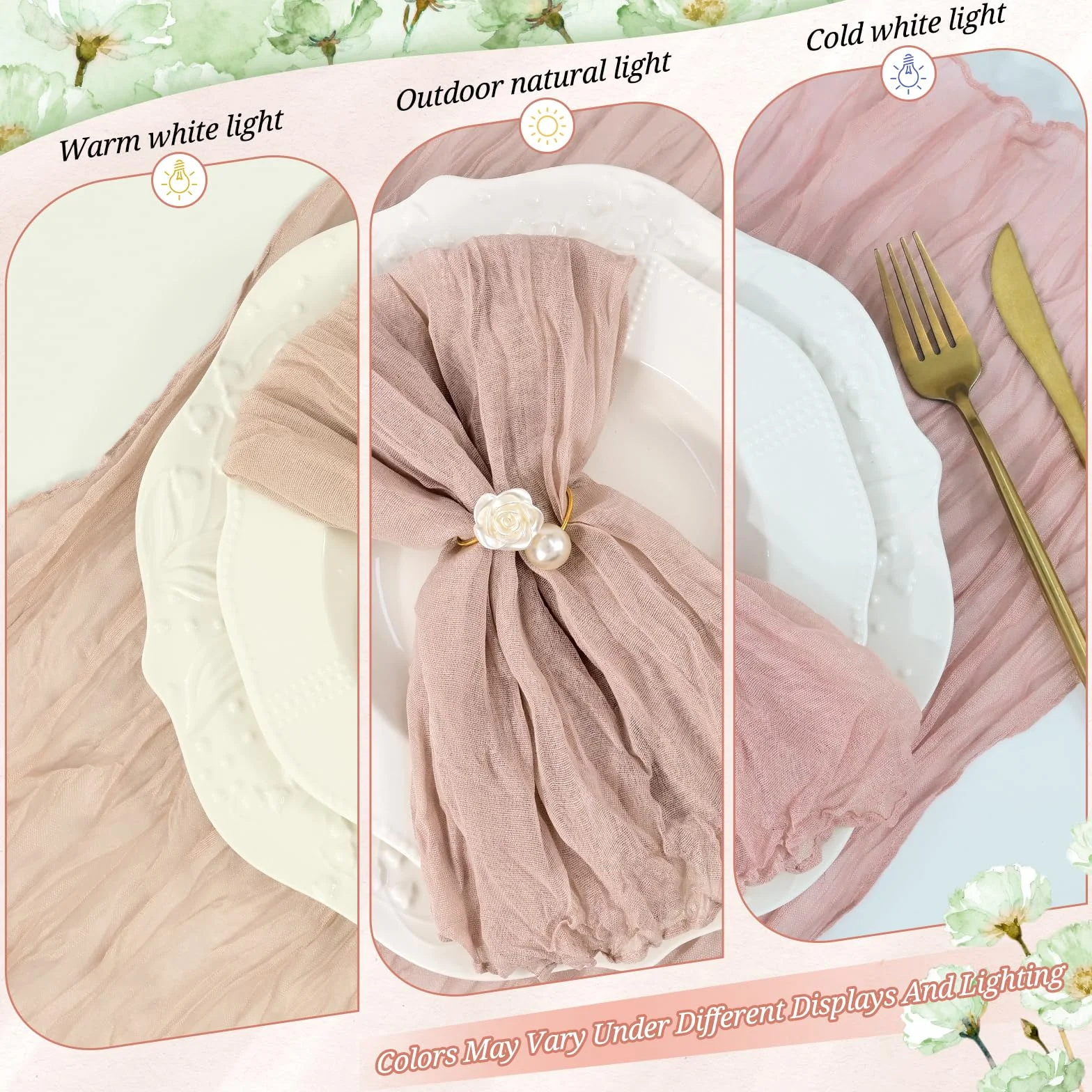 10 szt. brązowo-różowych serwetek serowych 50 x 50 cm, nadające się do prania, zestaw 10 pomarszczonych serwetek z gazy, serwetki stołowe na wesele, baby shower, dekoracja urodzinowa