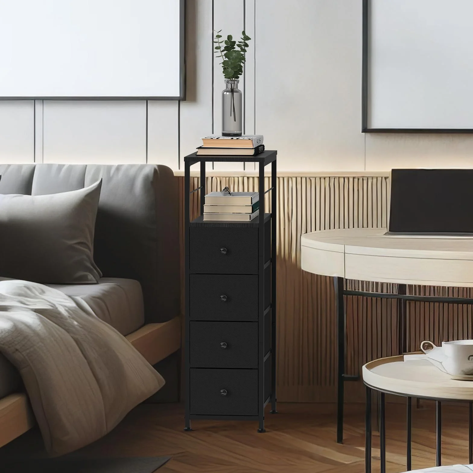 Komoda wąska szafka z 4 szufladami z materiału, szafa z szufladami, wieża do przechowywania, organizer do sypialni, salonu, kuchni, biura, korytarza, 87 x 40 x 25,4 cm, czarna